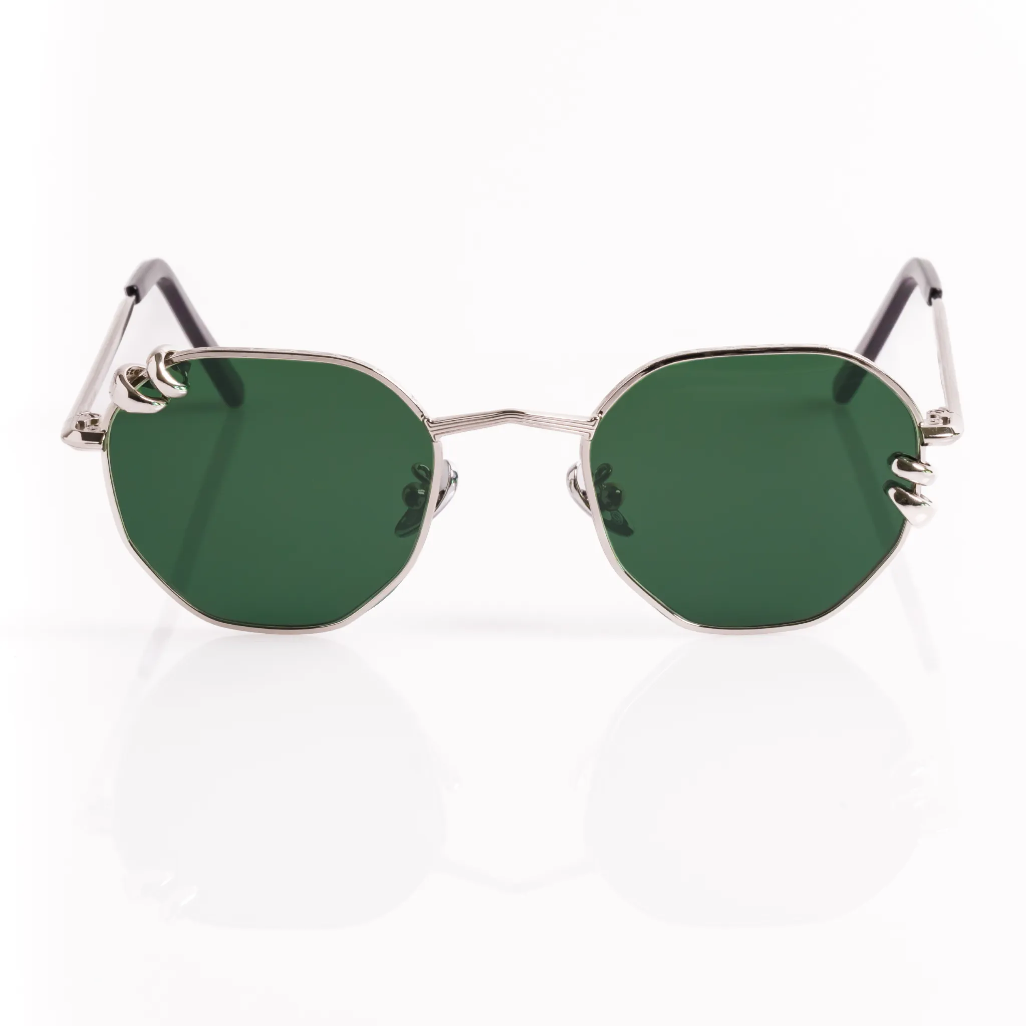 Pierced Hexagon Sunglasses in Silver - Dk. Green Lenses sold by Memori Eyewear