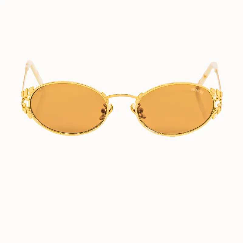 Laurel Oval Sunglasses in Gold, Golden Lens made by Memori Eyewear