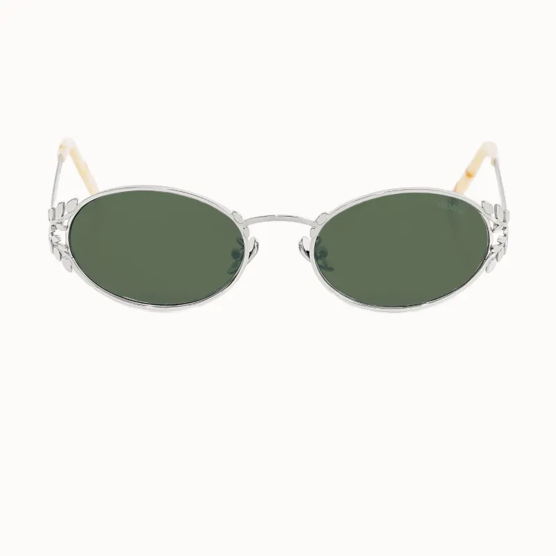 Laurel Oval Sunglasses in Silver, Dk Green Lens made by Memori Eyewear