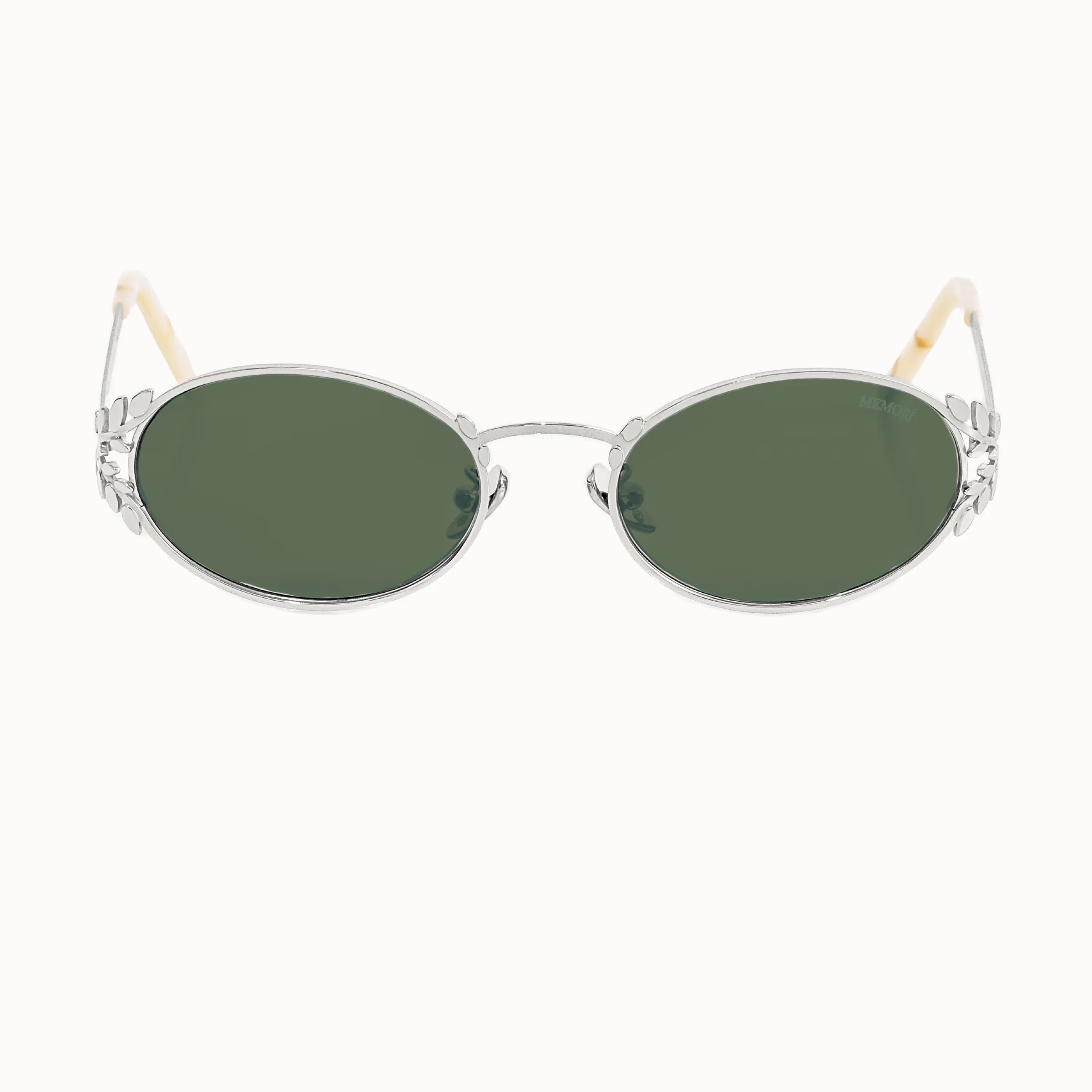 Laurel Oval Sunglasses in Silver, Dk Green Lens sold by Memori Eyewear