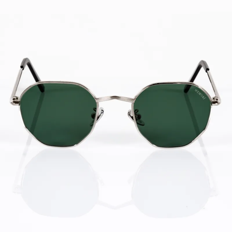 Hexagon Sunglasses in Silver - Green Lenses made by Memori Eyewear