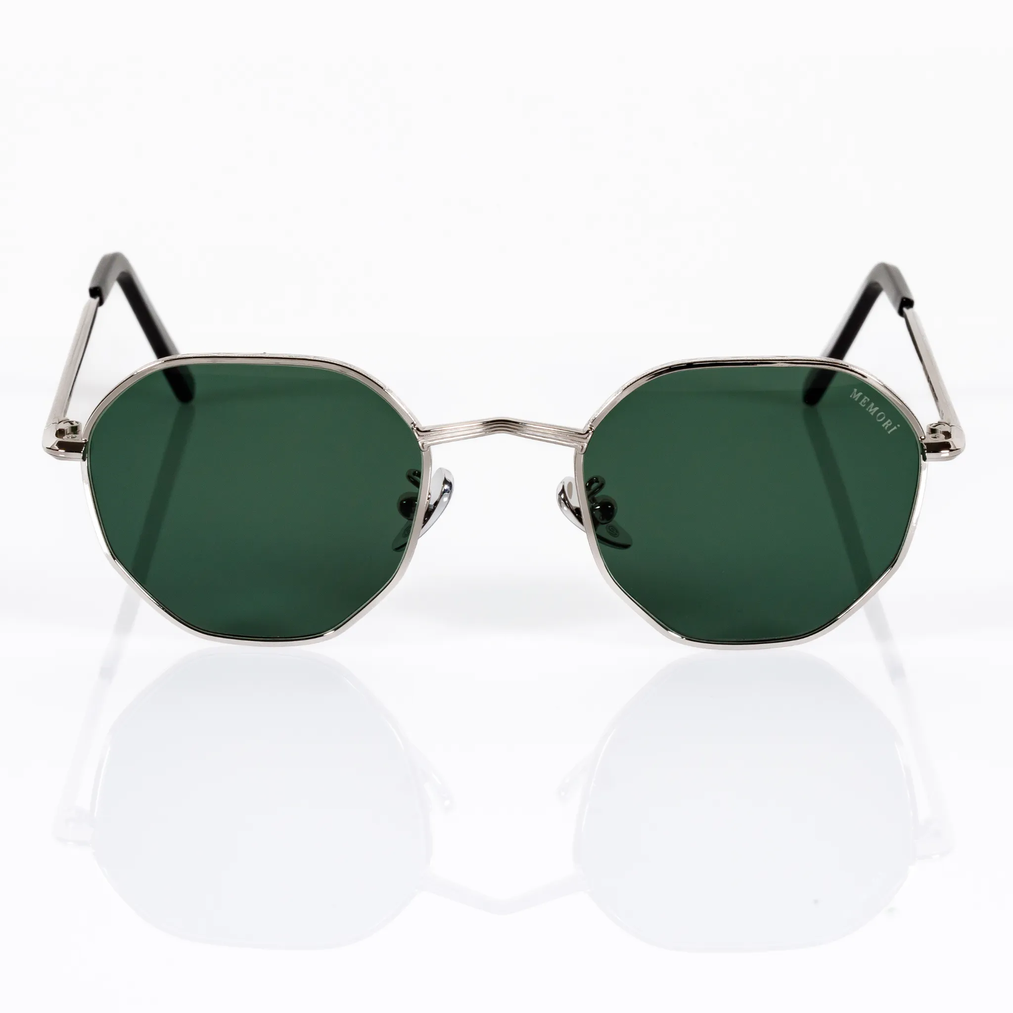 Hexagon Sunglasses in Silver - Green Lenses sold by Memori Eyewear