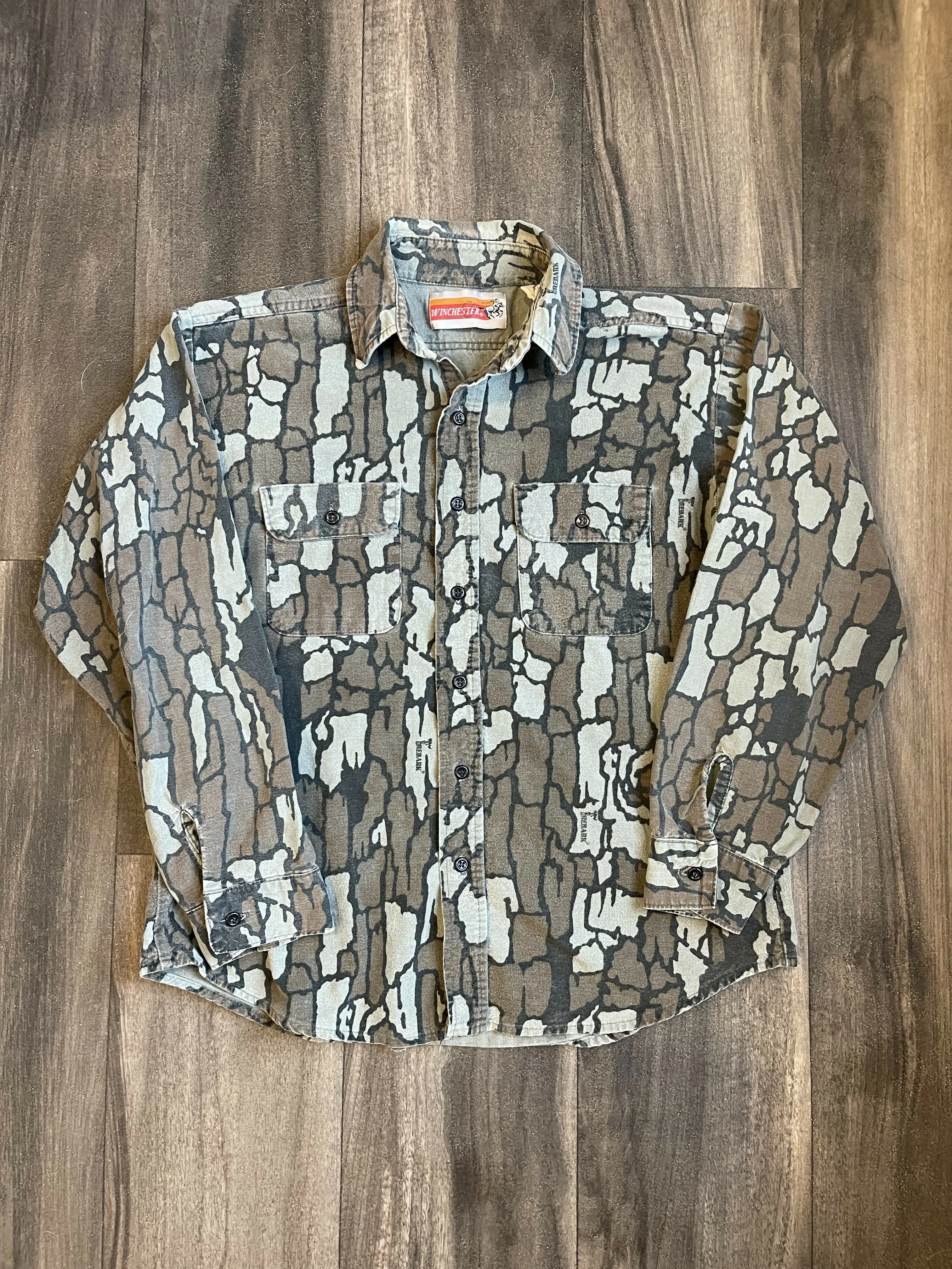 Vintage Winchester Trebark Camo Chamois Shirt (L) sold by Trebark