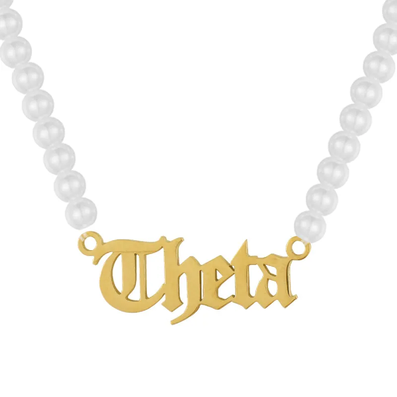 Sorority Custom/Personalized Pearl Nameplate Gothic Necklace sold by Evry Jewels