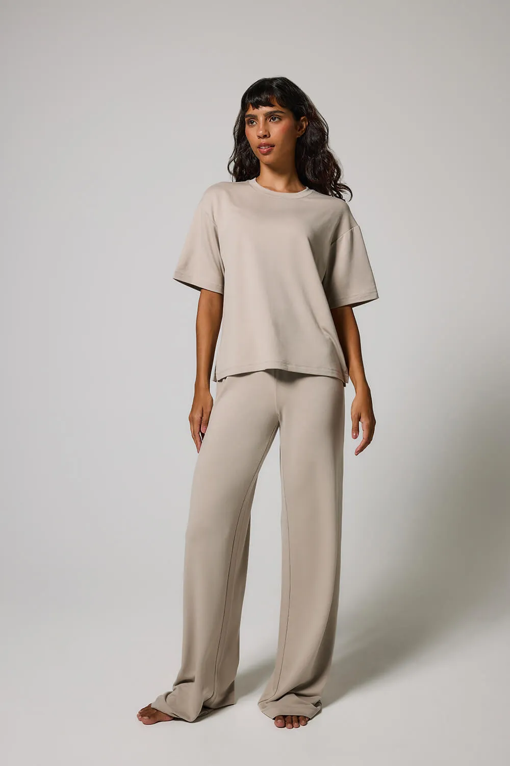 Soft Touch Wide Leg Lounge Set - Oatmeal Beige sold by LOVALL