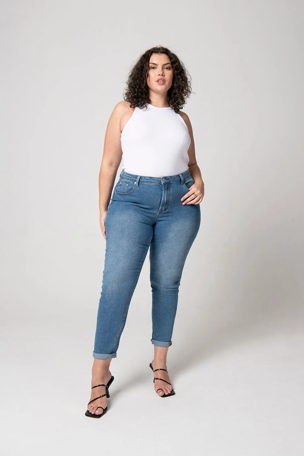 Curve Slim Fit Mom Jeans - Mid Blue sold by LOVALL
