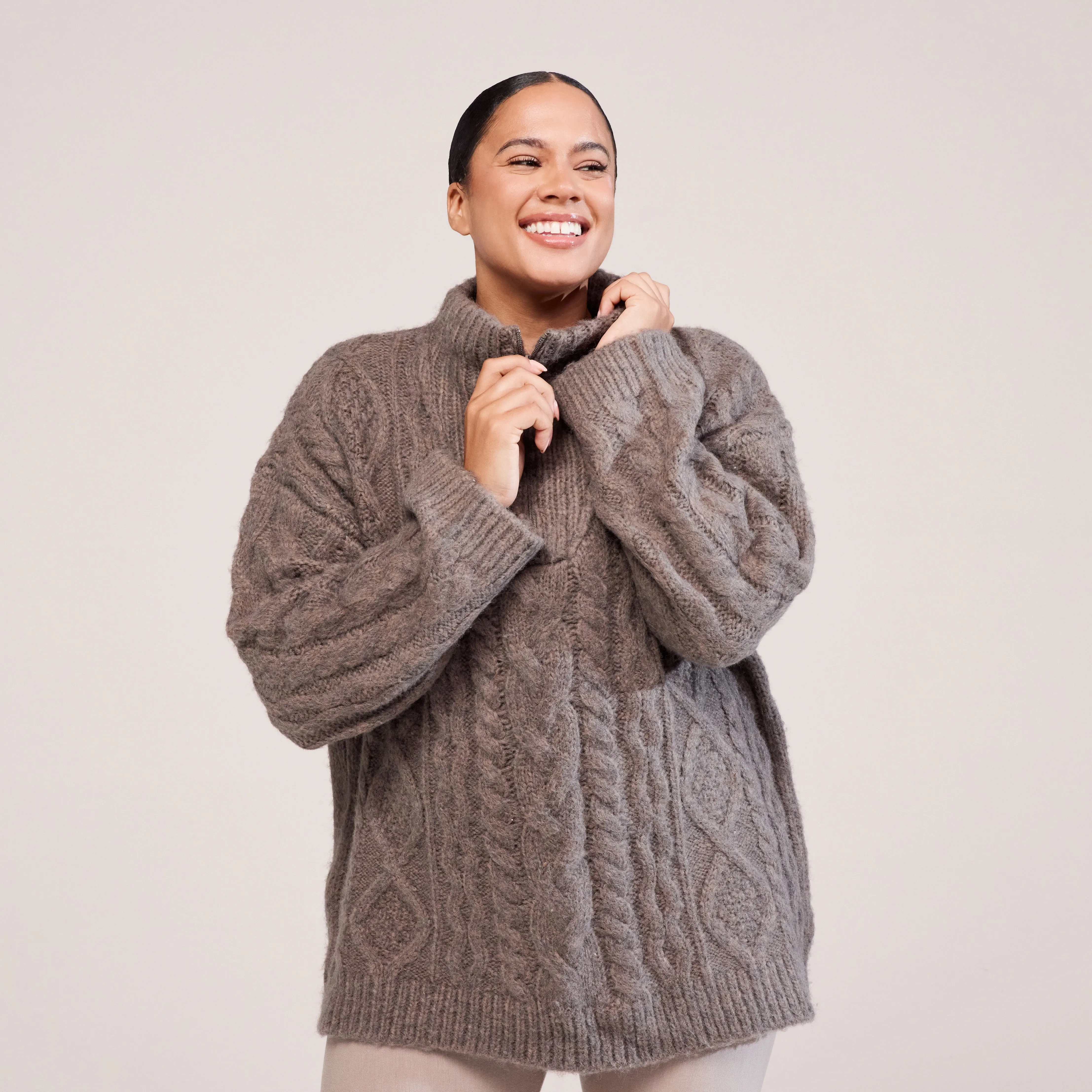 Curve Cable Knit 1/4 Zip Jumper - Mocha sold by LOVALL