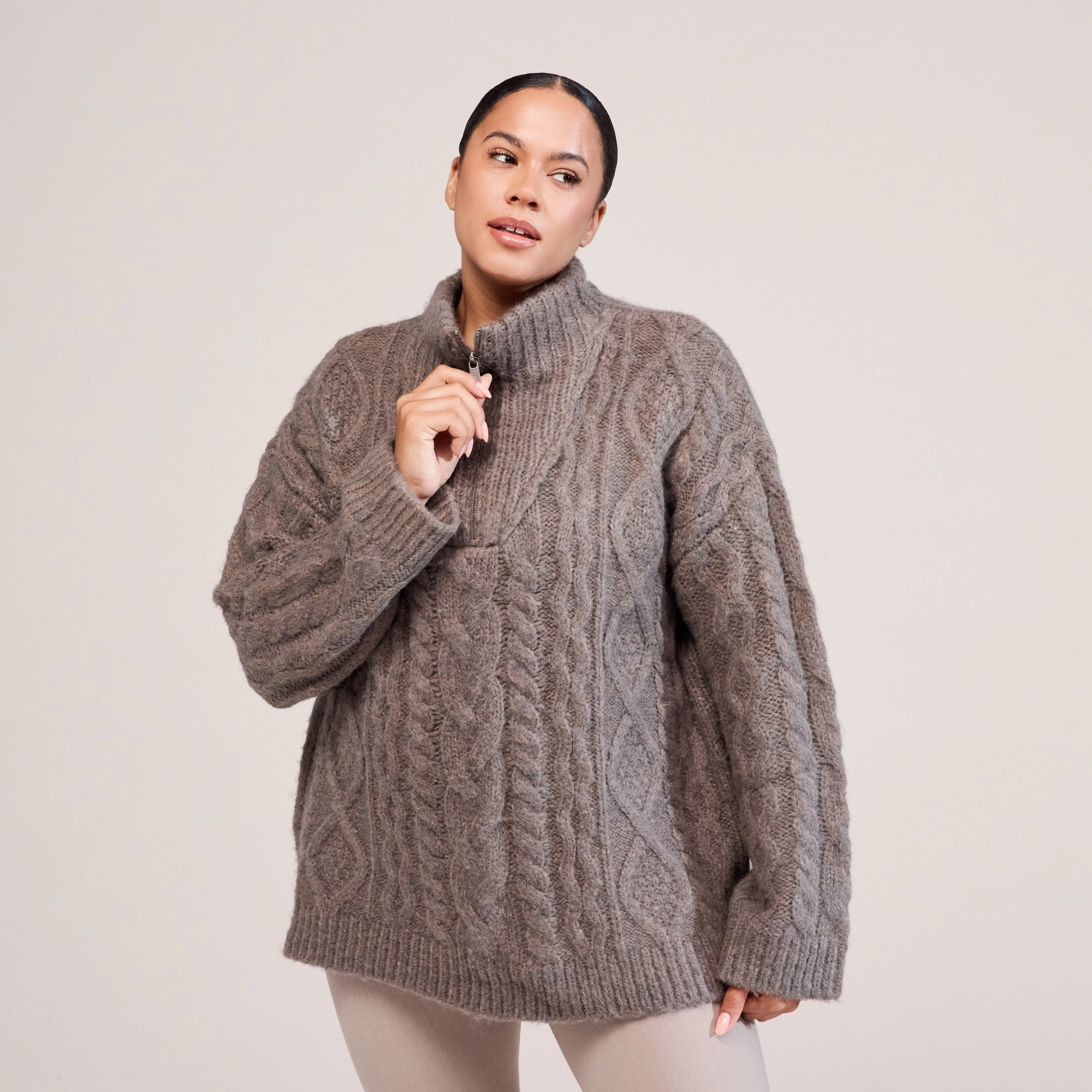 Curve Cable Knit 1/4 Zip Jumper - Mocha sold by LOVALL product image thumbnail 4