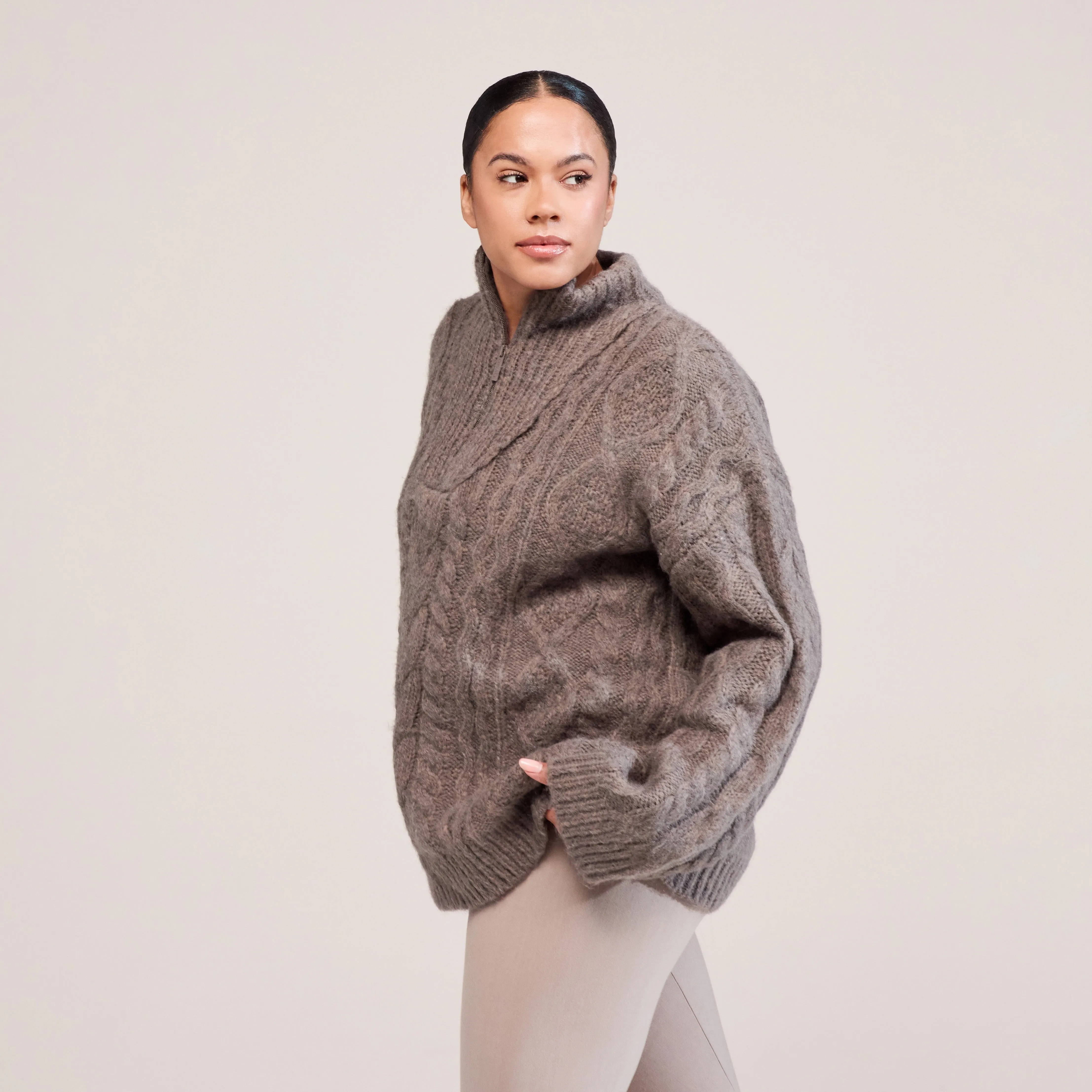 Curve Cable Knit 1/4 Zip Jumper - Mocha sold by LOVALL product image thumbnail 2