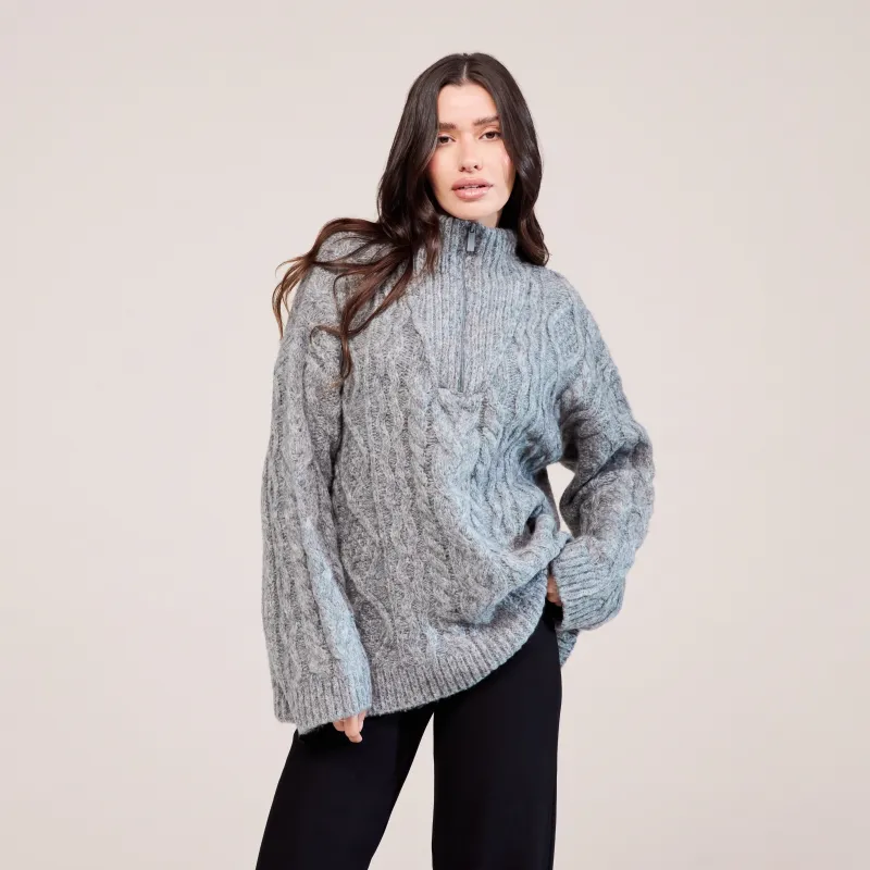 Cable Knit 1/4 Zip Jumper - Dark grey sold by LOVALL