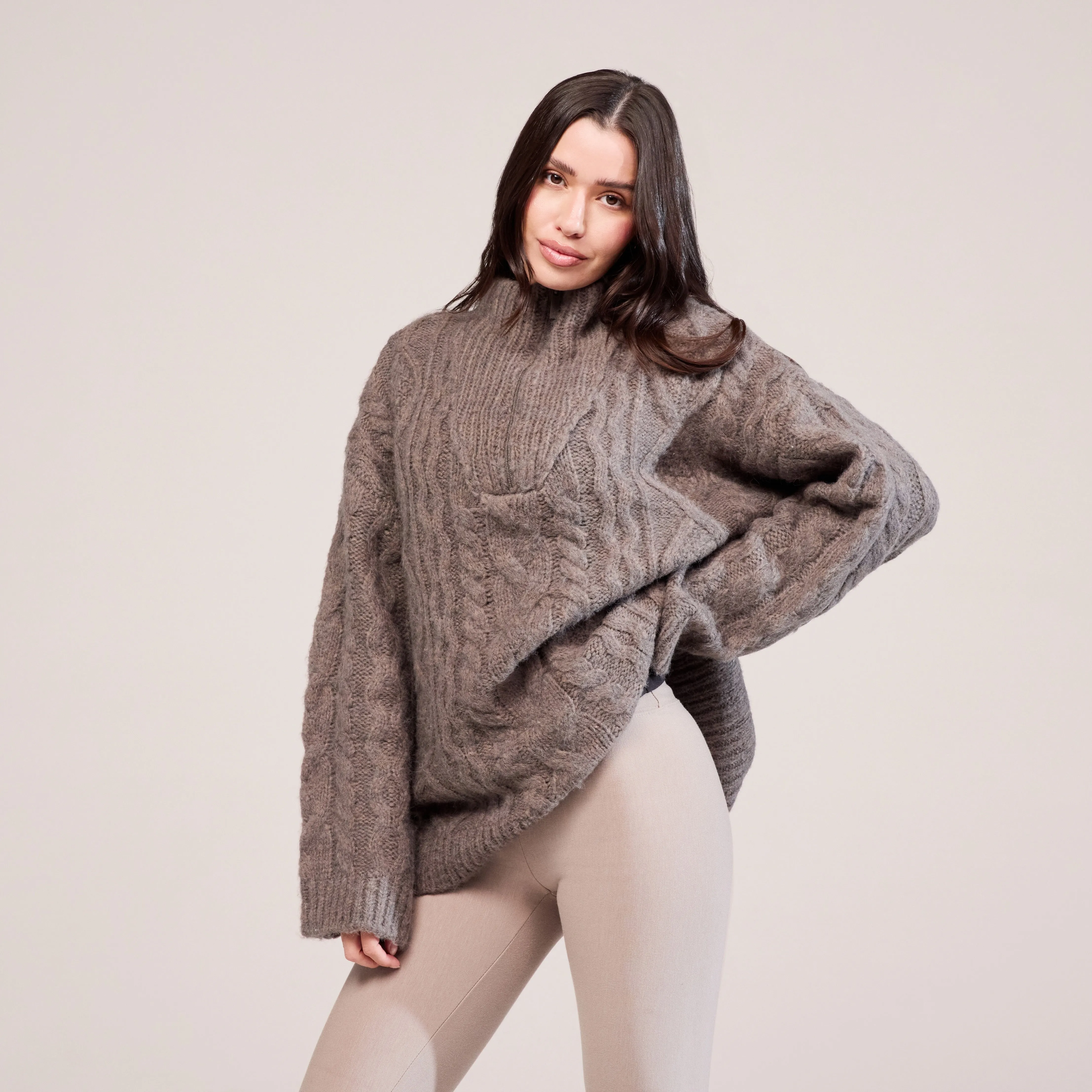 Cable Knit 1/4 Zip Jumper - Mocha sold by LOVALL product image thumbnail 2