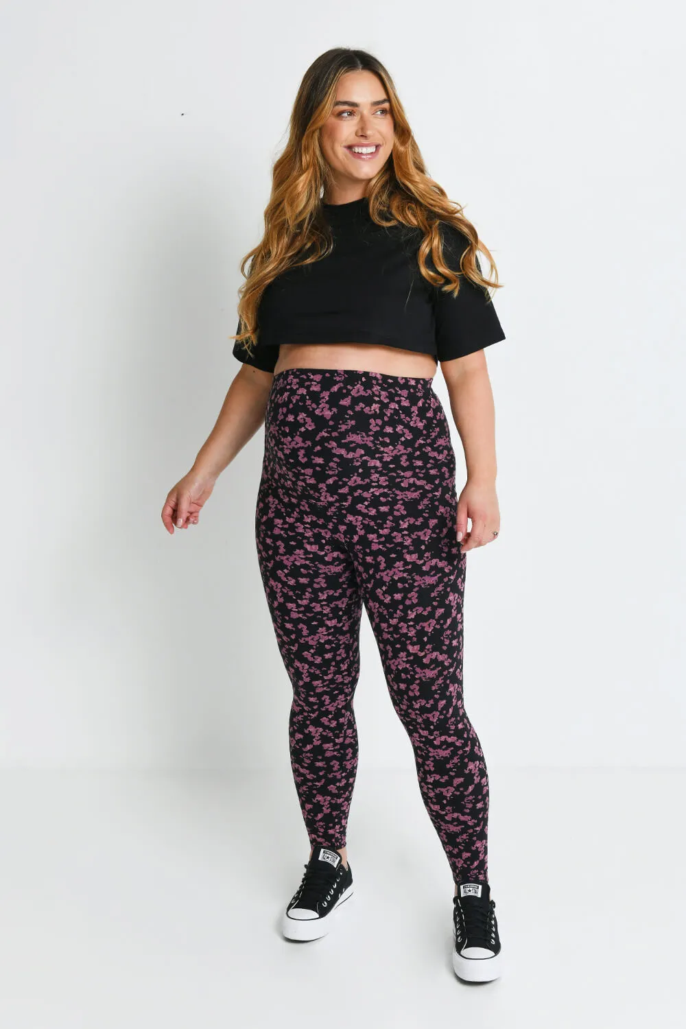 Maternity Everyday Leggings - Black/Burgundy Floral sold by LOVALL