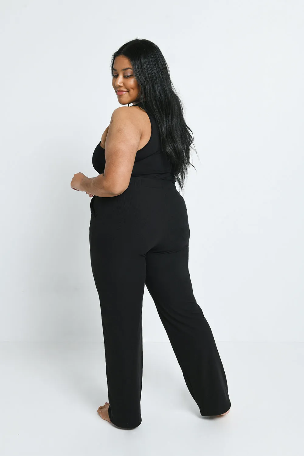 Curve Ribbed Wide Leg Trousers - Black sold by LOVALL product image thumbnail 3