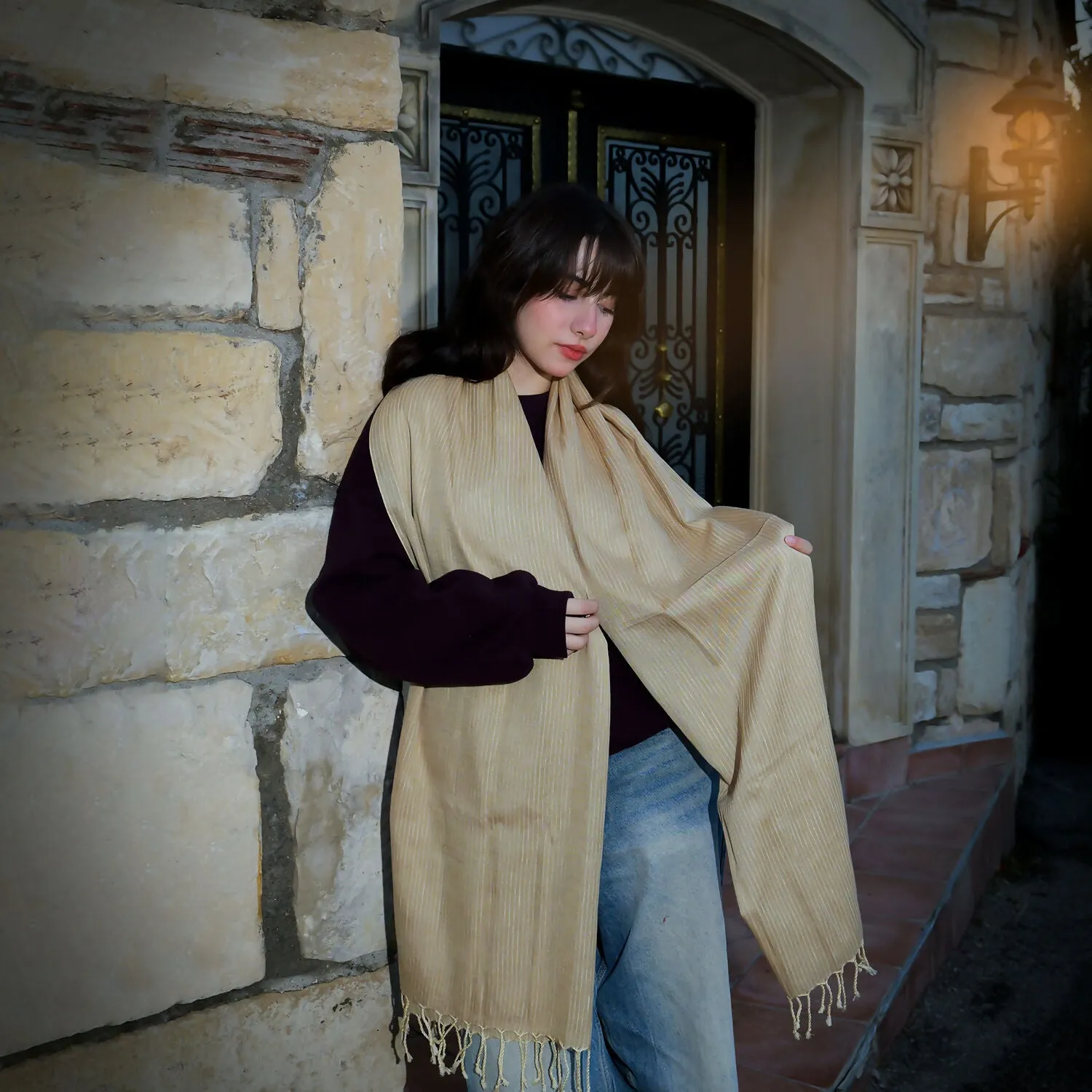 Handwoven Gold-Toned Silk Scarf with Subtle Stripes sold by wboxgo product image thumbnail 2