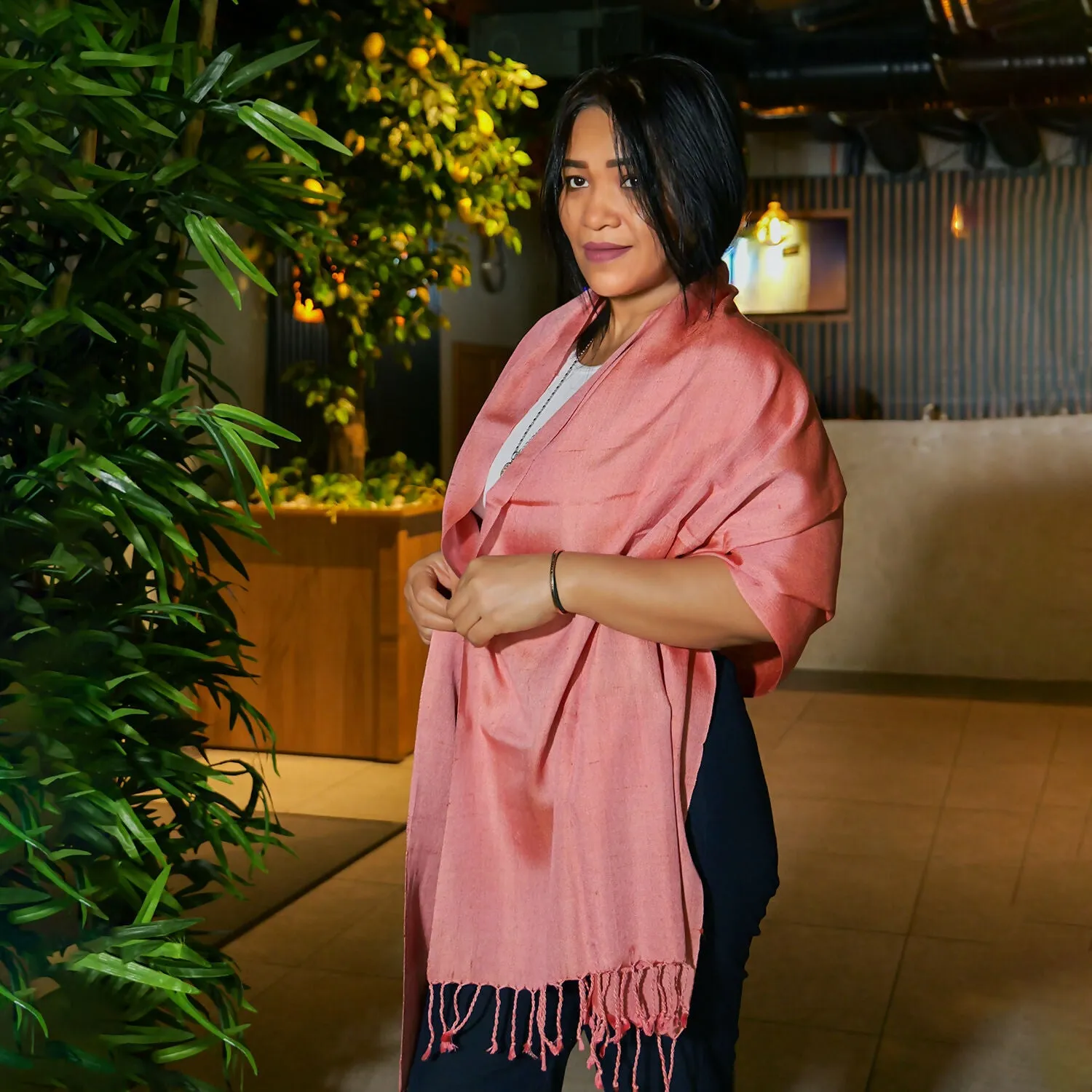 Elegant Handwoven Silk Shawl in Coral Pink sold by wboxgo product image thumbnail 2