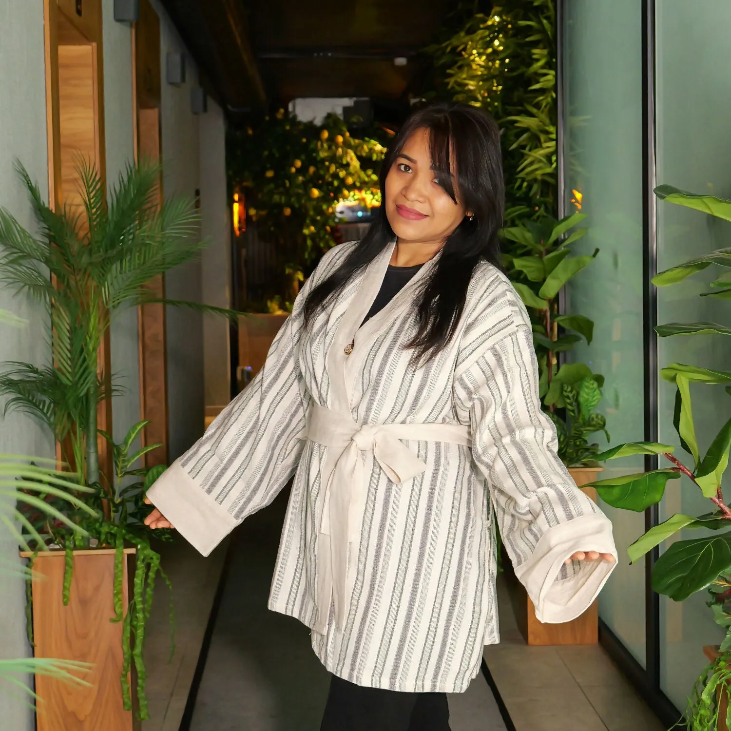 Linen-Cotton Blend Kimono Jacket - Striped Design sold by wboxgo product image thumbnail 2