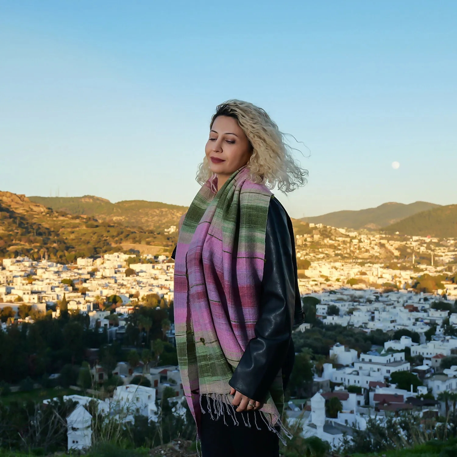 Handwoven Cotton-Wool Blend Scarf - Pink and Green Plaid sold by wboxgo product image thumbnail 5