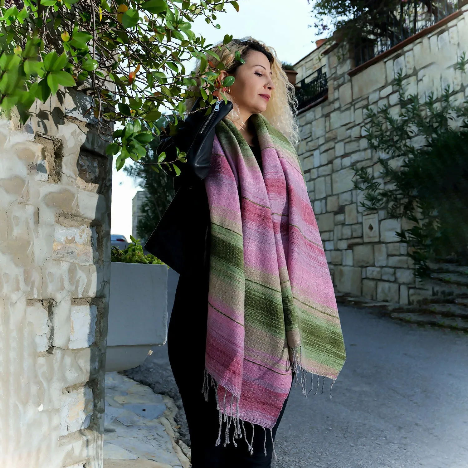 Handwoven Cotton-Wool Blend Scarf - Pink and Green Plaid sold by wboxgo product image thumbnail 2