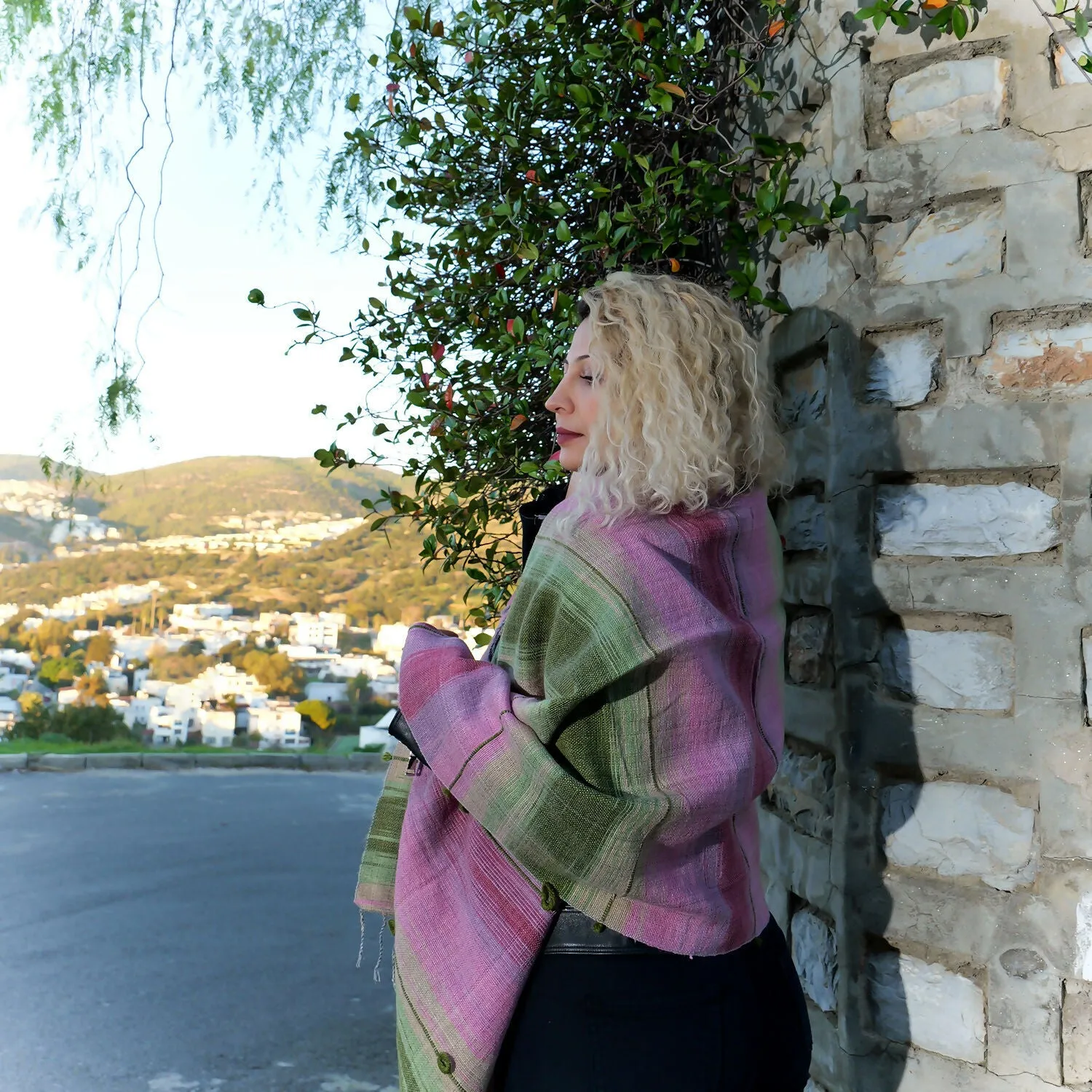 Handwoven Cotton-Wool Blend Scarf - Pink and Green Plaid sold by wboxgo product image thumbnail 4