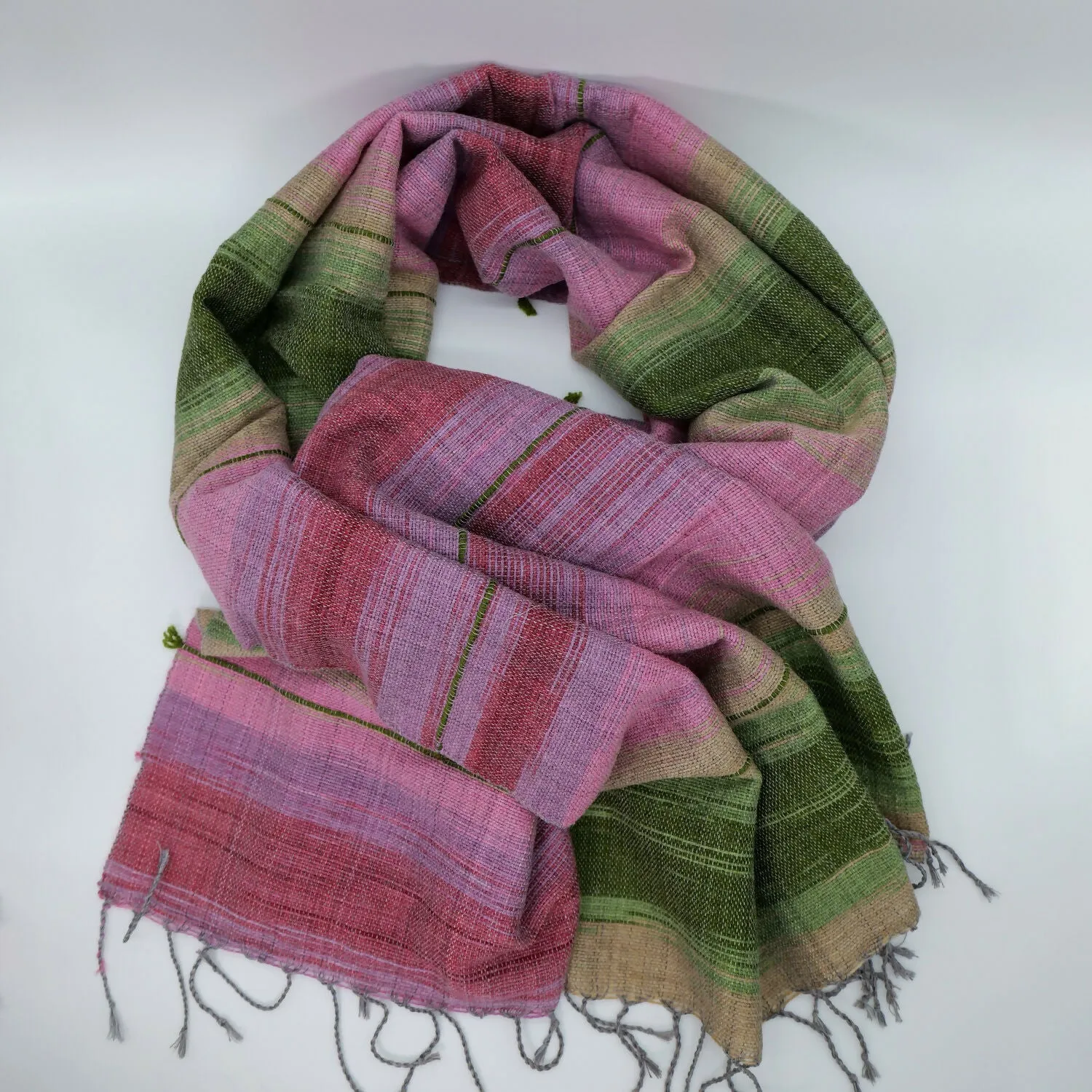Handwoven Cotton-Wool Blend Scarf - Pink and Green Plaid sold by wboxgo
