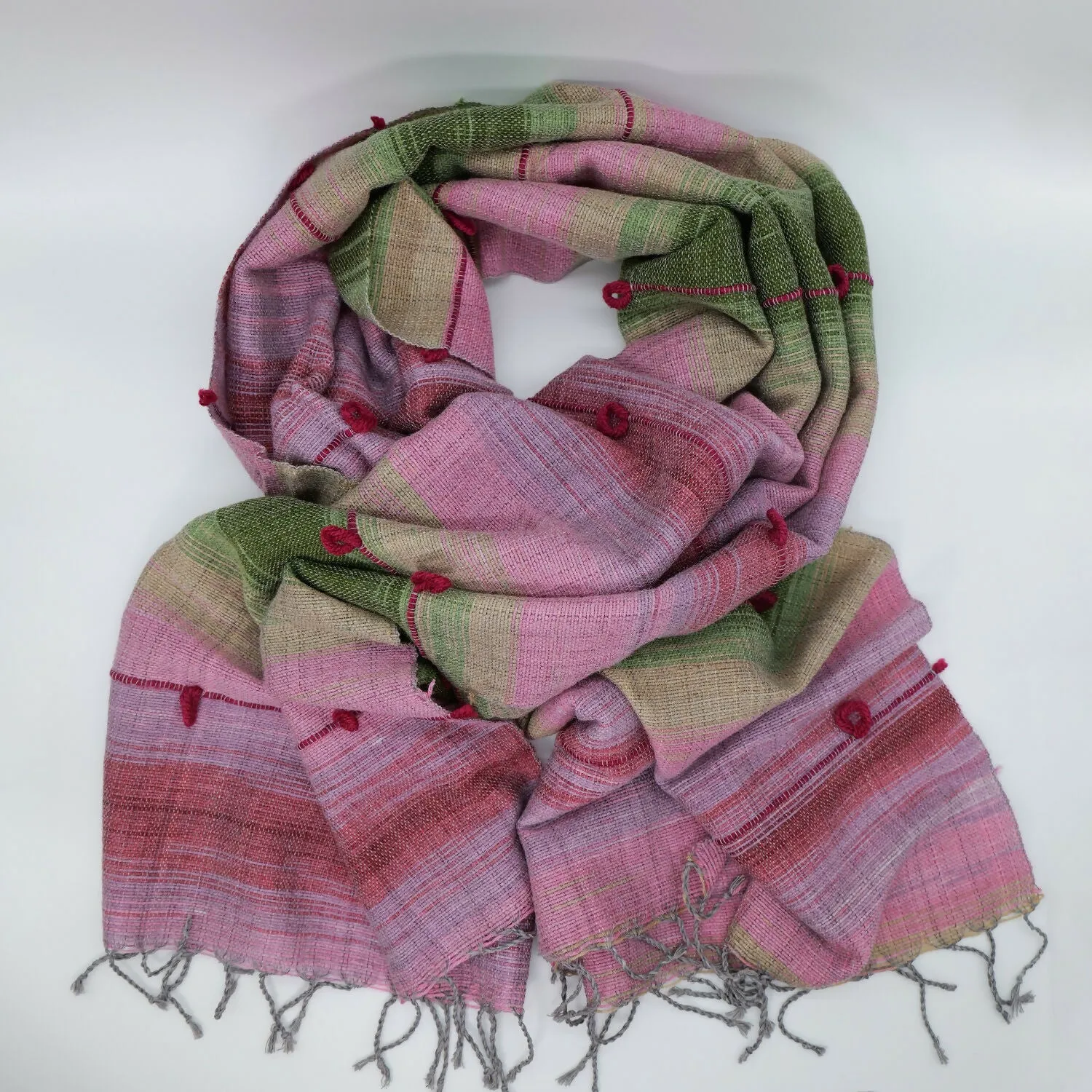 Handwoven Cotton-Wool Blend Scarf - Pink and Green Plaid sold by wboxgo