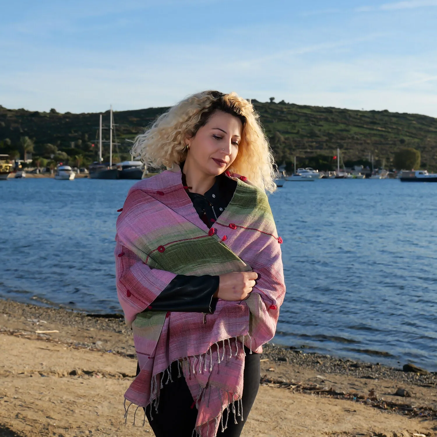 Handwoven Cotton-Wool Blend Scarf - Pink and Green Plaid sold by wboxgo product image thumbnail 2