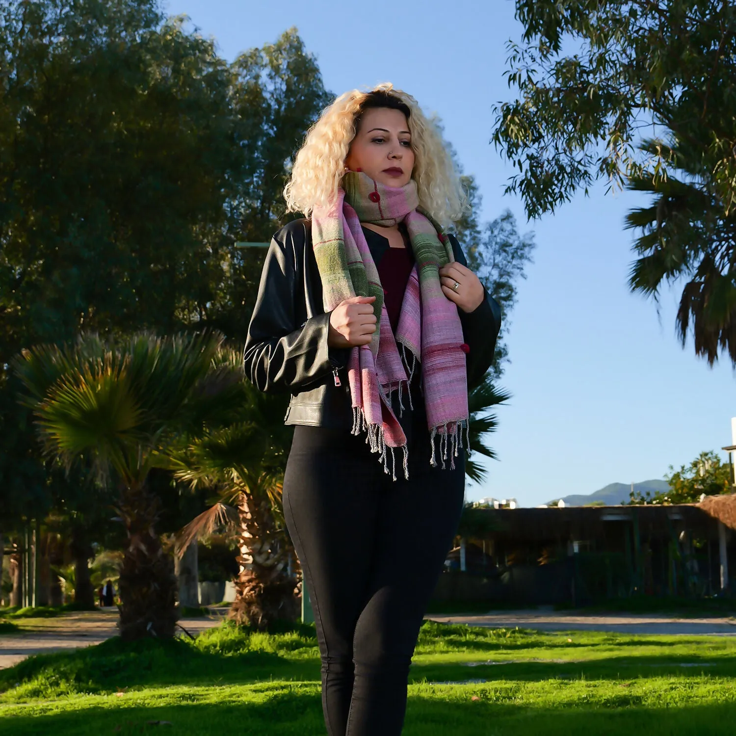 Handwoven Cotton-Wool Blend Scarf - Pink and Green Plaid sold by wboxgo product image thumbnail 4