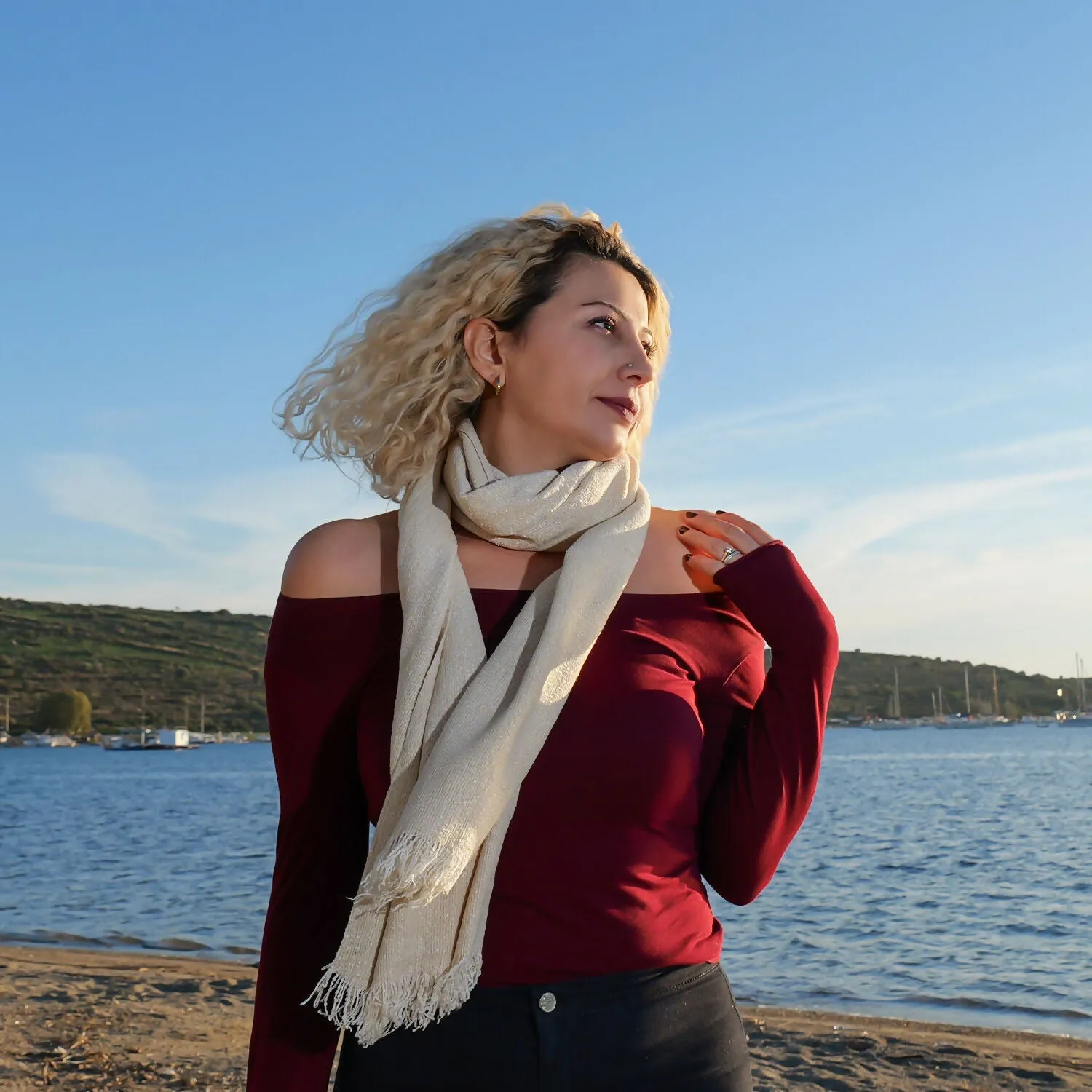 Golden Beige Handwoven Silk Scarf with Subtle Sparkle sold by wboxgo product image thumbnail 5