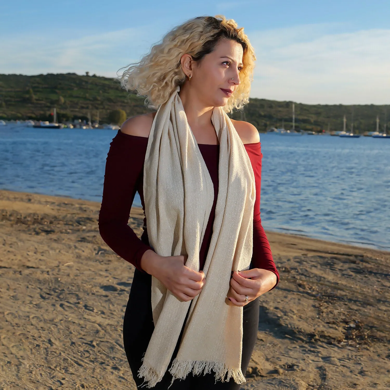 Golden Beige Handwoven Silk Scarf with Subtle Sparkle sold by wboxgo product image thumbnail 2