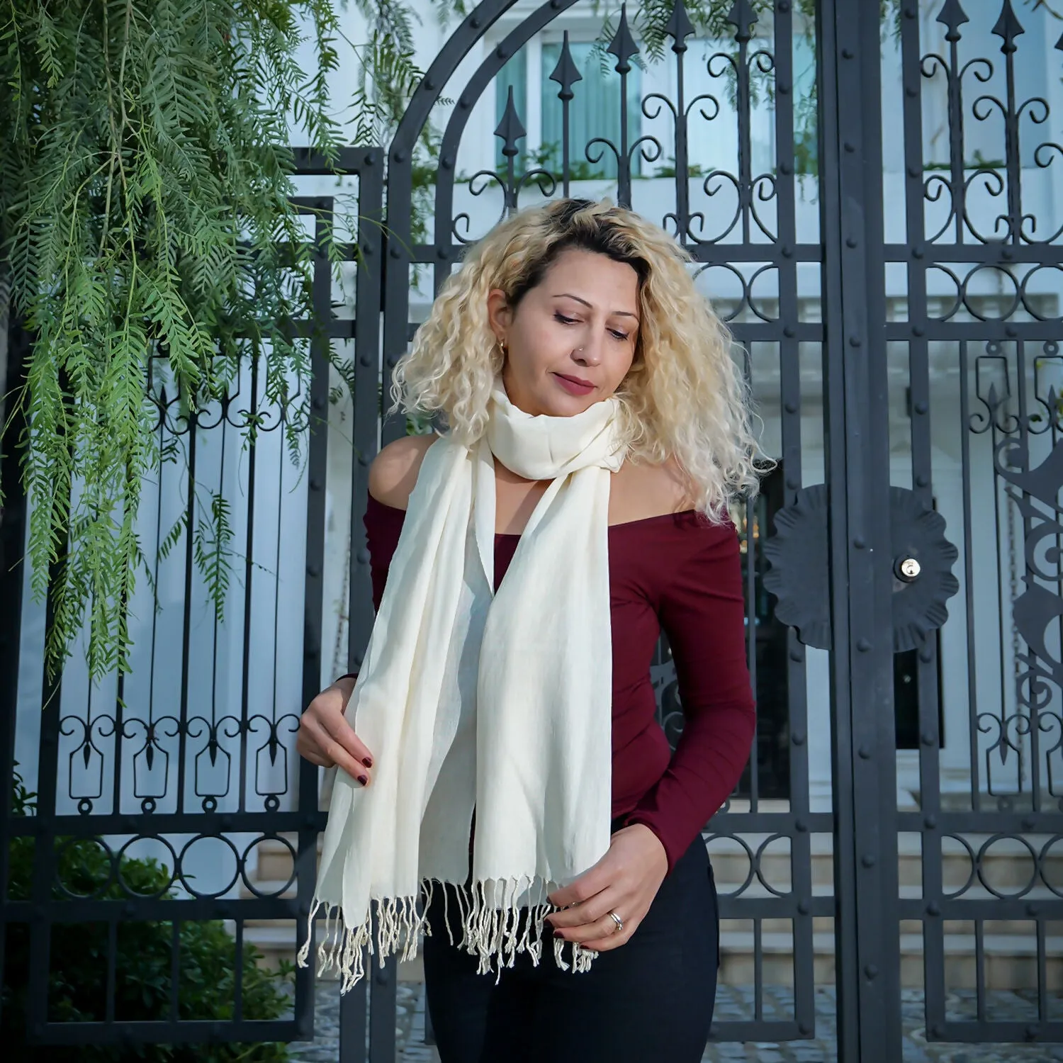 Luxurious Handwoven Silk Scarf in Soft Cream sold by wboxgo product image thumbnail 2