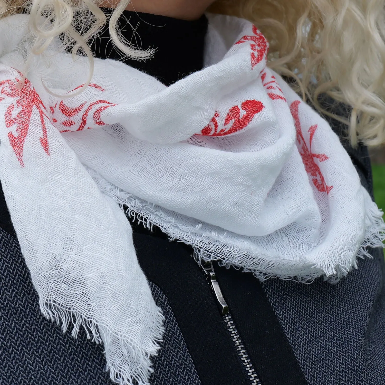 Handwoven 100% Cotton Scarf - White with Red Butterfly Motifs sold by wboxgo product image thumbnail 3
