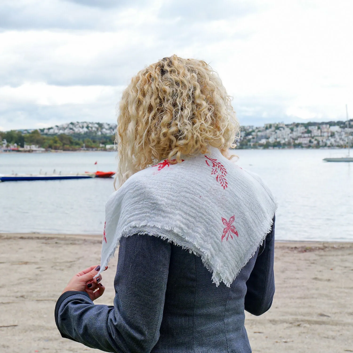 Handwoven 100% Cotton Scarf - White with Red Butterfly Motifs sold by wboxgo product image thumbnail 2