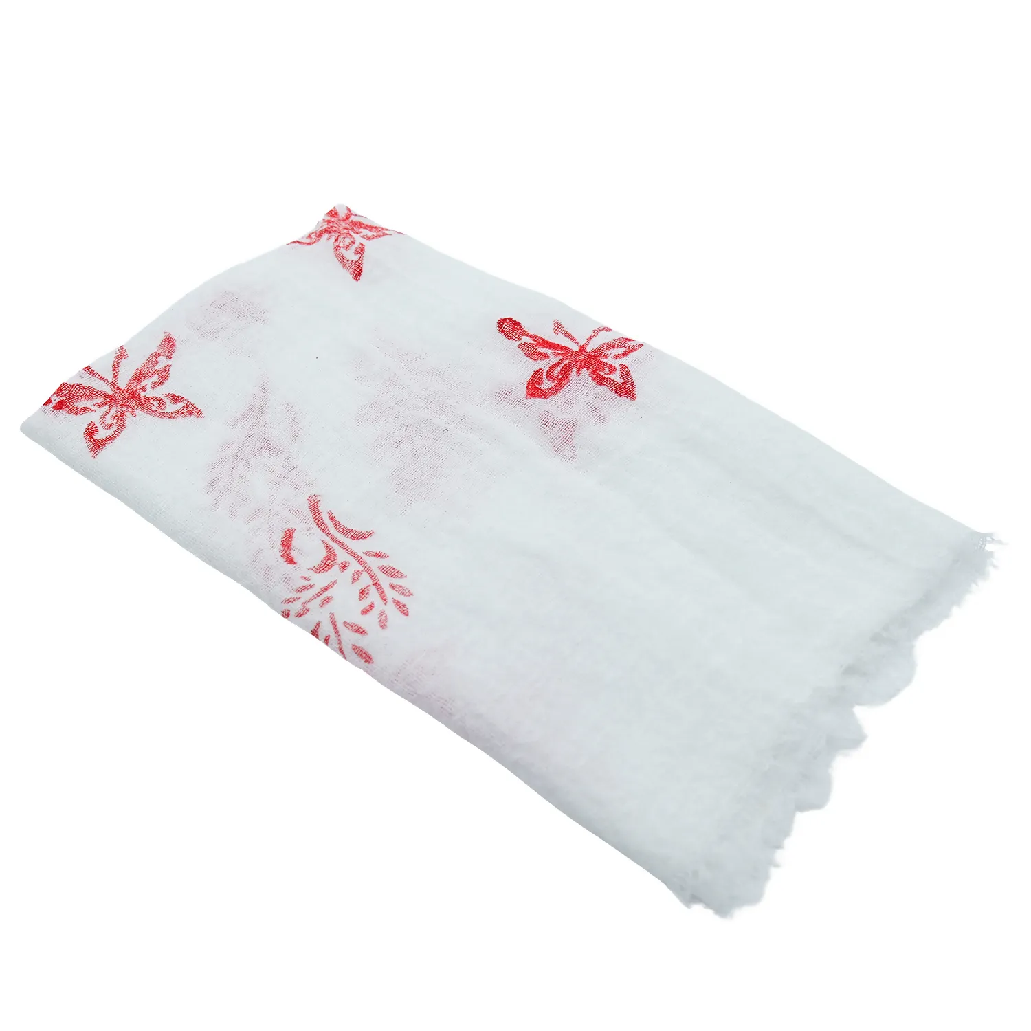 Handwoven 100% Cotton Scarf - White with Red Butterfly Motifs sold by wboxgo