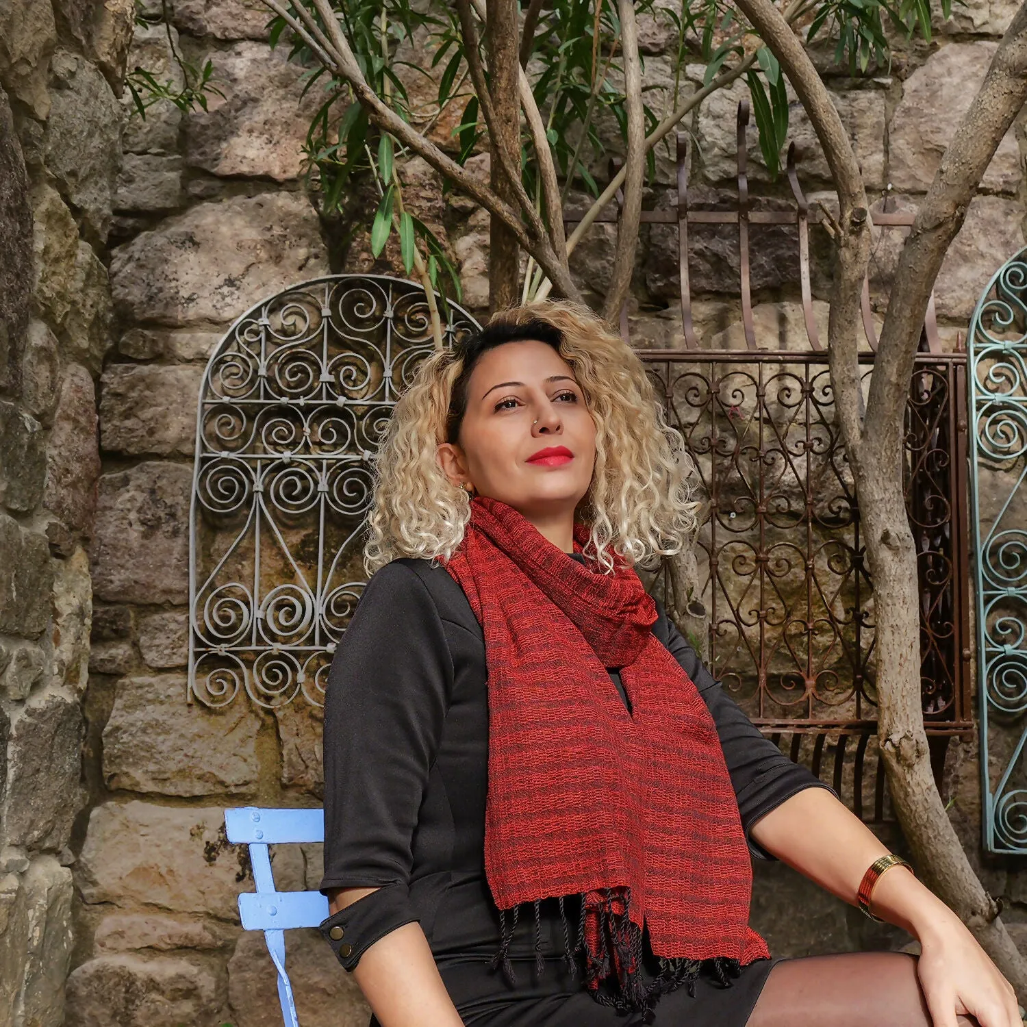 Handwoven Red and Black Silk Shawl with Fringe - Made from Silkworms sold by wboxgo product image thumbnail 5