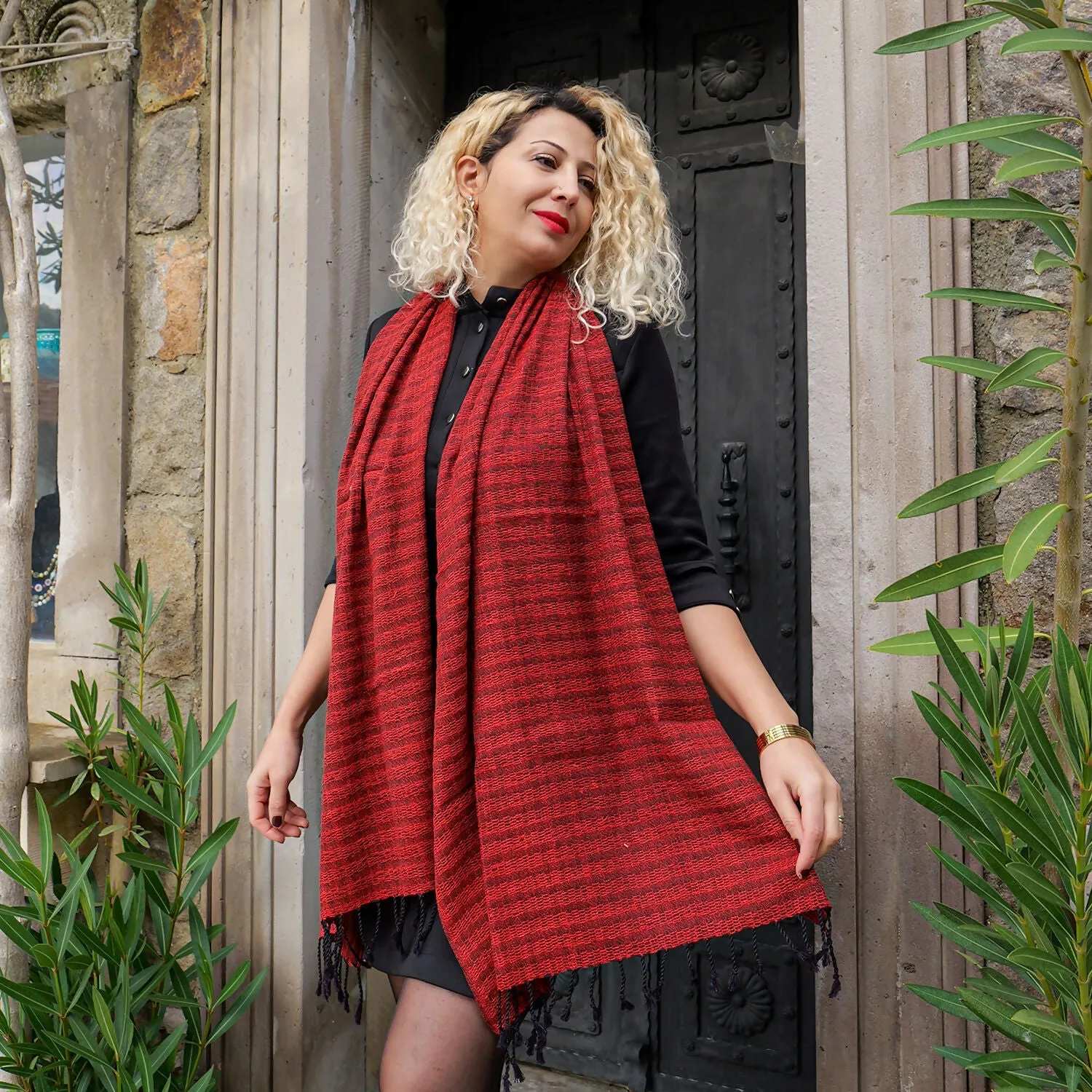 Handwoven Red and Black Silk Shawl with Fringe - Made from Silkworms sold by wboxgo product image thumbnail 3