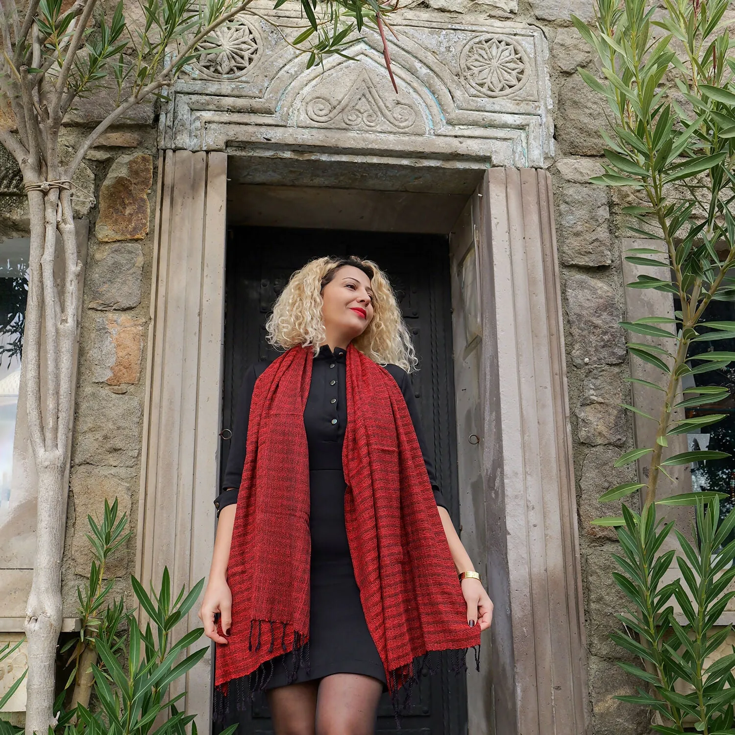 Handwoven Red and Black Silk Shawl with Fringe - Made from Silkworms sold by wboxgo product image thumbnail 4