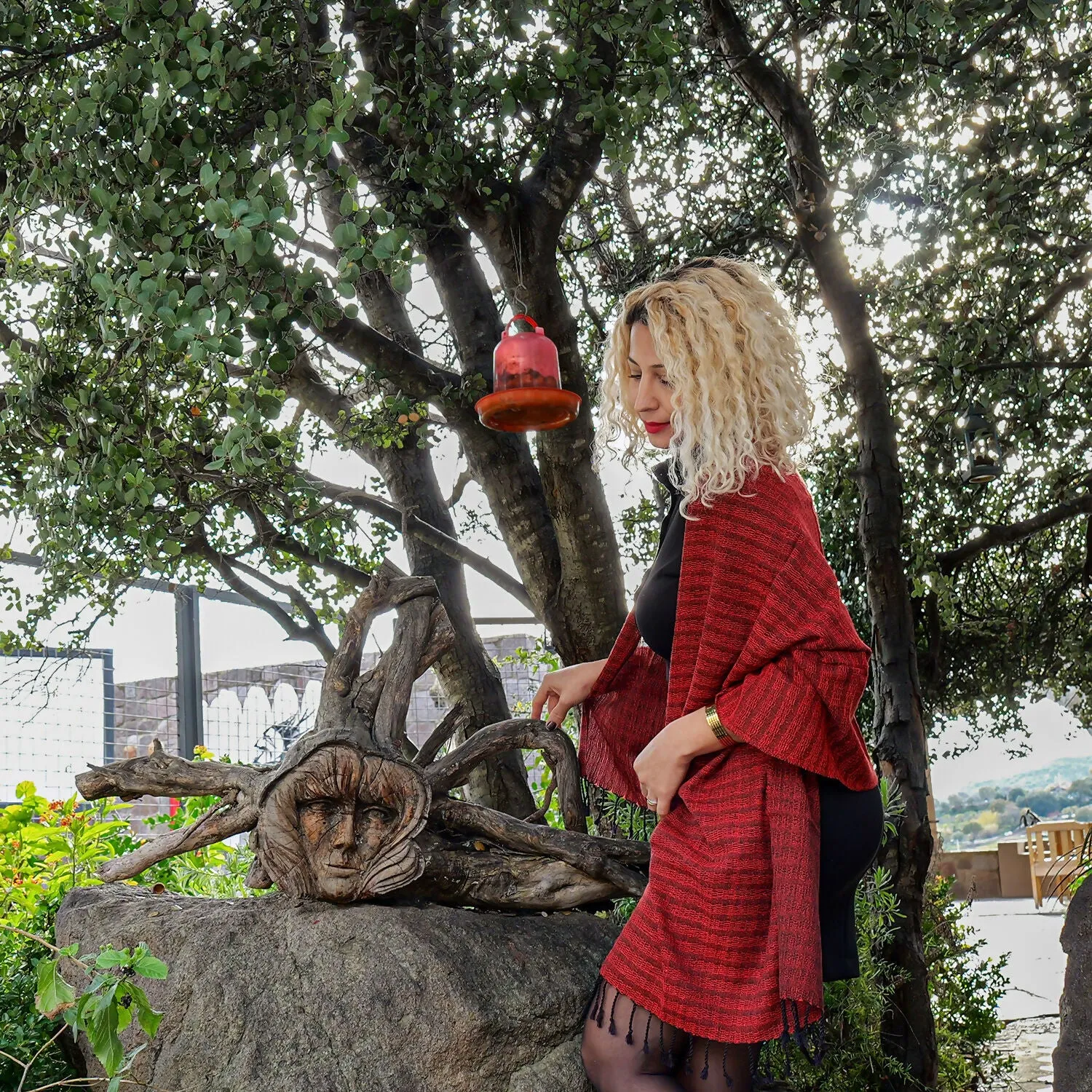 Handwoven Red and Black Silk Shawl with Fringe - Made from Silkworms sold by wboxgo product image thumbnail 2