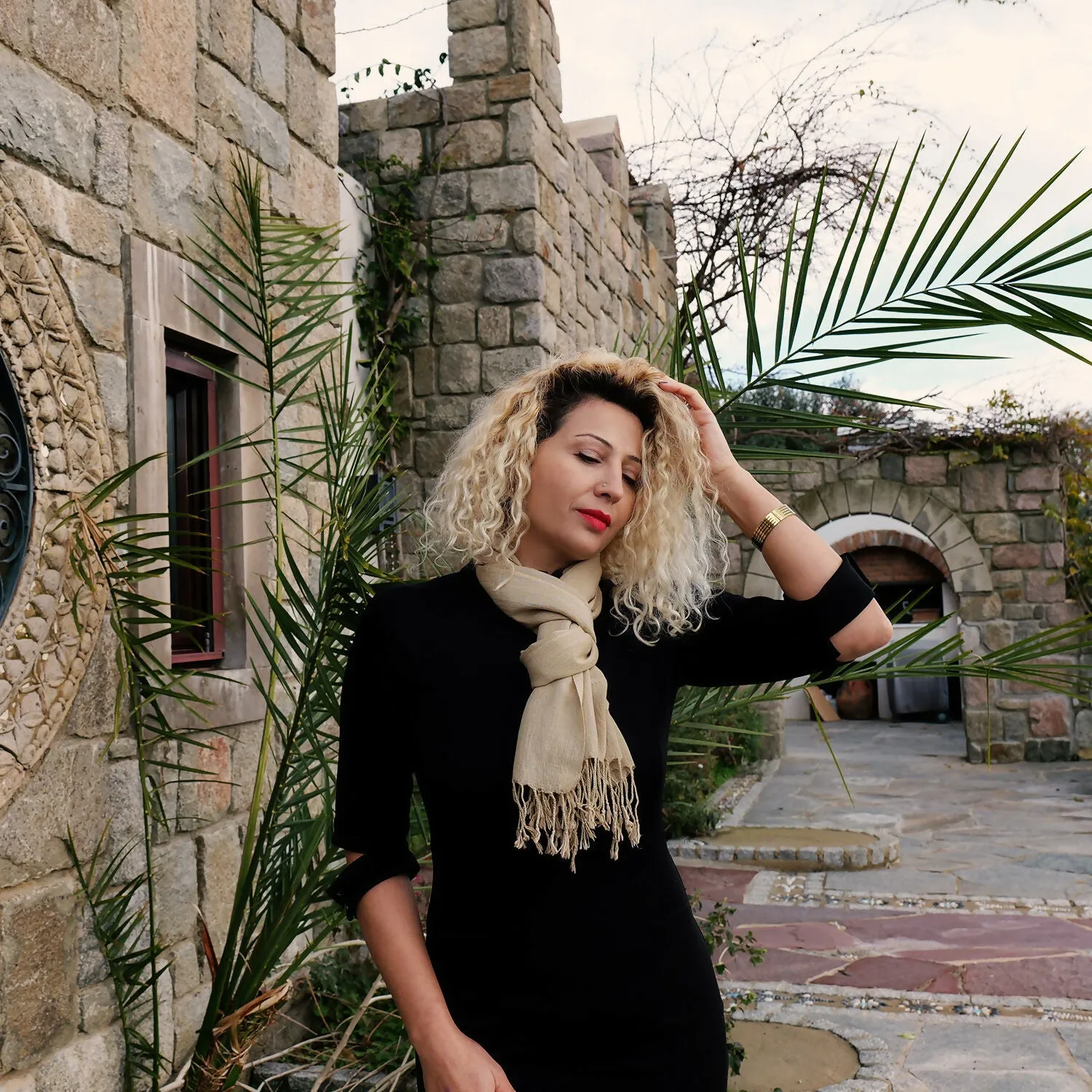 Handwoven Beige Silk Shawl with Fringe - Made from Silkworms sold by wboxgo product image thumbnail 4