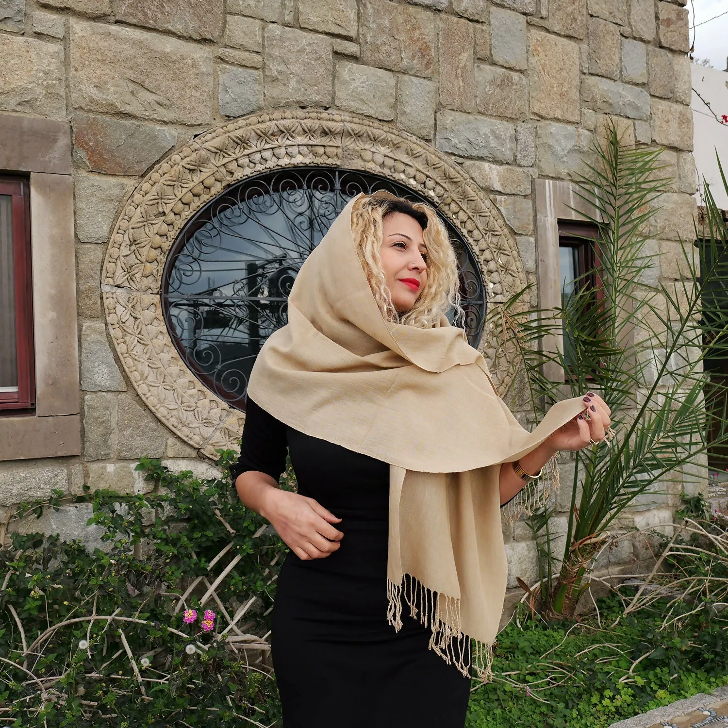 Handwoven Beige Silk Shawl with Fringe - Made from Silkworms sold by wboxgo product image thumbnail 2