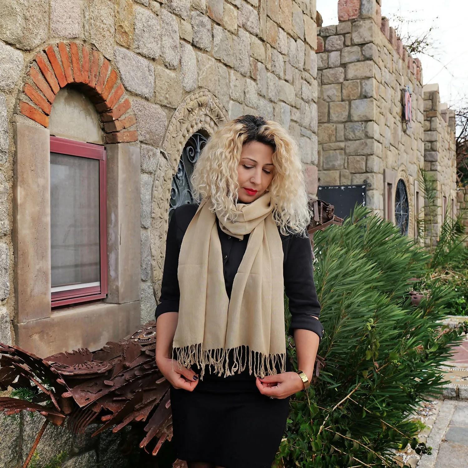 Handwoven Beige Silk Shawl with Fringe - Made from Silkworms sold by wboxgo product image thumbnail 3