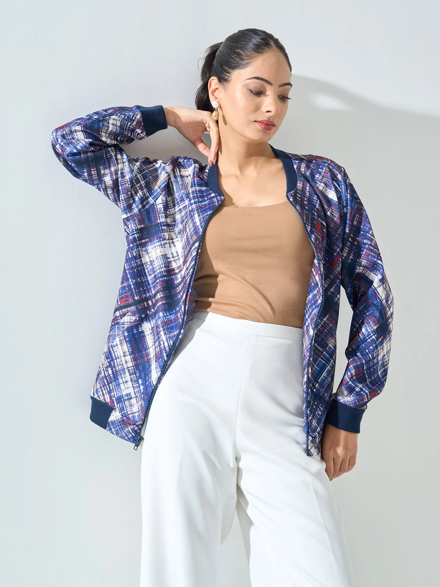 Gio-Navy Geometric Bomber Jacket - Multicolor sold by Salt Attire