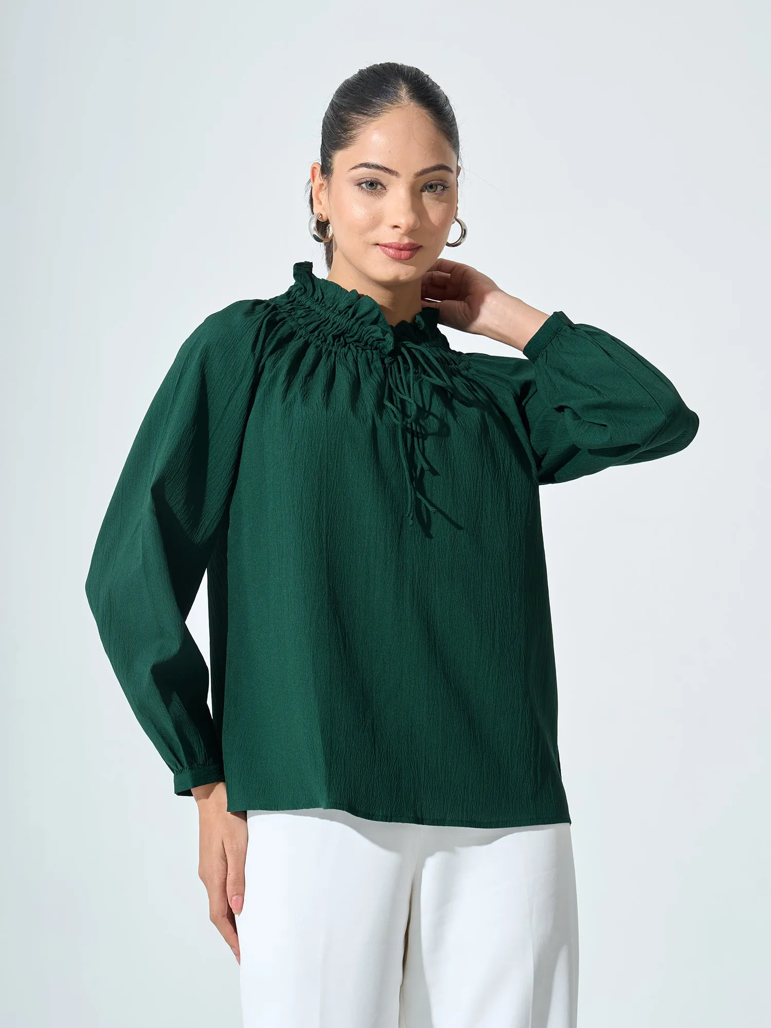 Mossy Smocked Neckline Top - Dark Green sold by Salt Attire