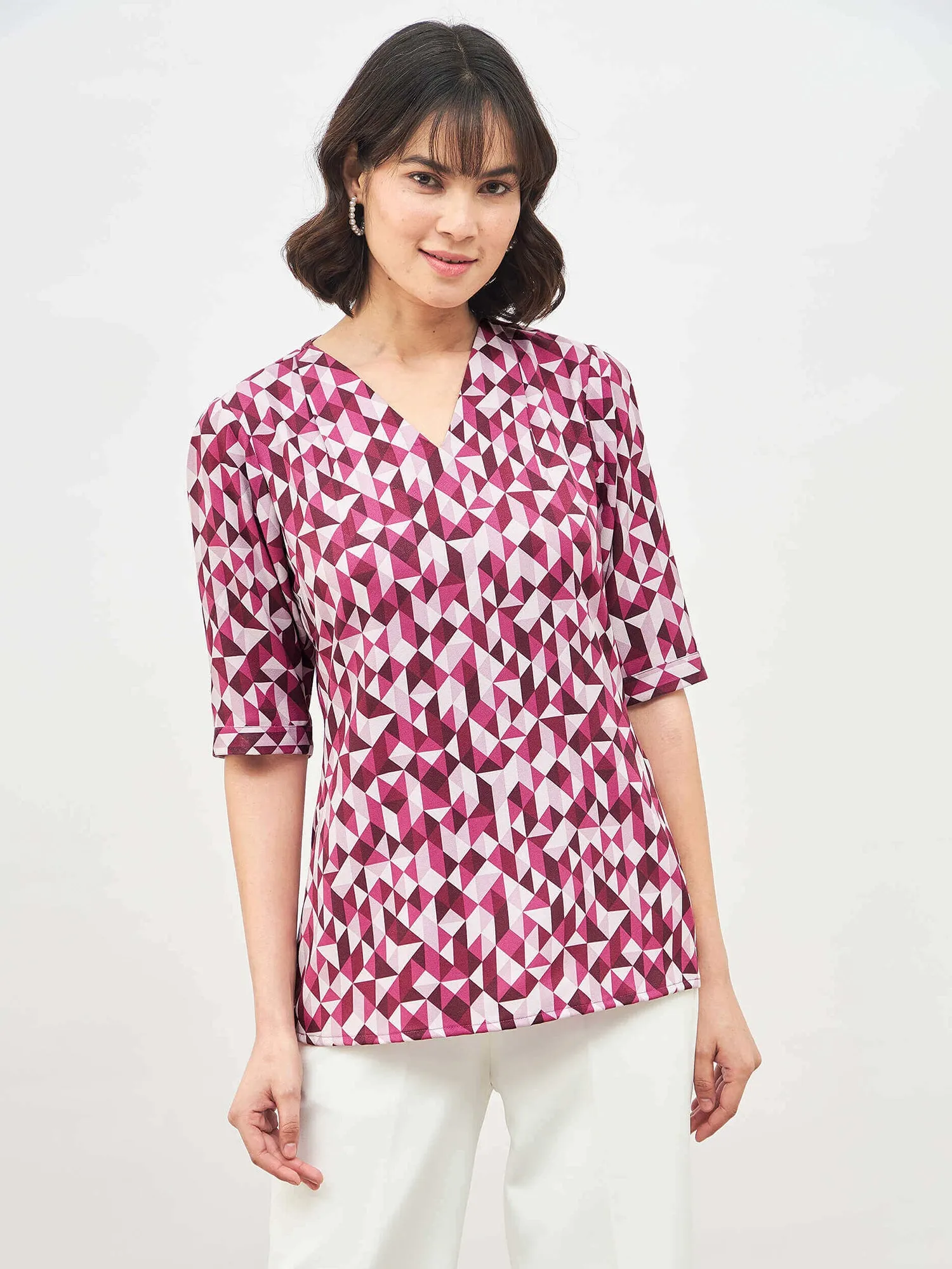 Mosaic Plum Geometric V-Neck Top - plum sold by Salt Attire
