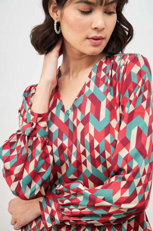 Mosaic Berry Geometric V Neck Top - Multicolor sold by Salt Attire
