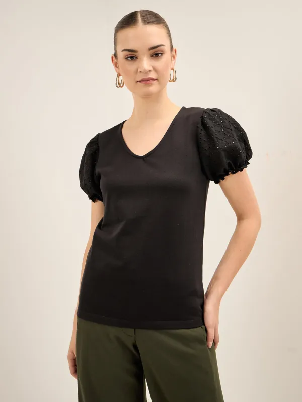 Broderie Tee Schiffli Insert T-Shirt - Black sold by Salt Attire