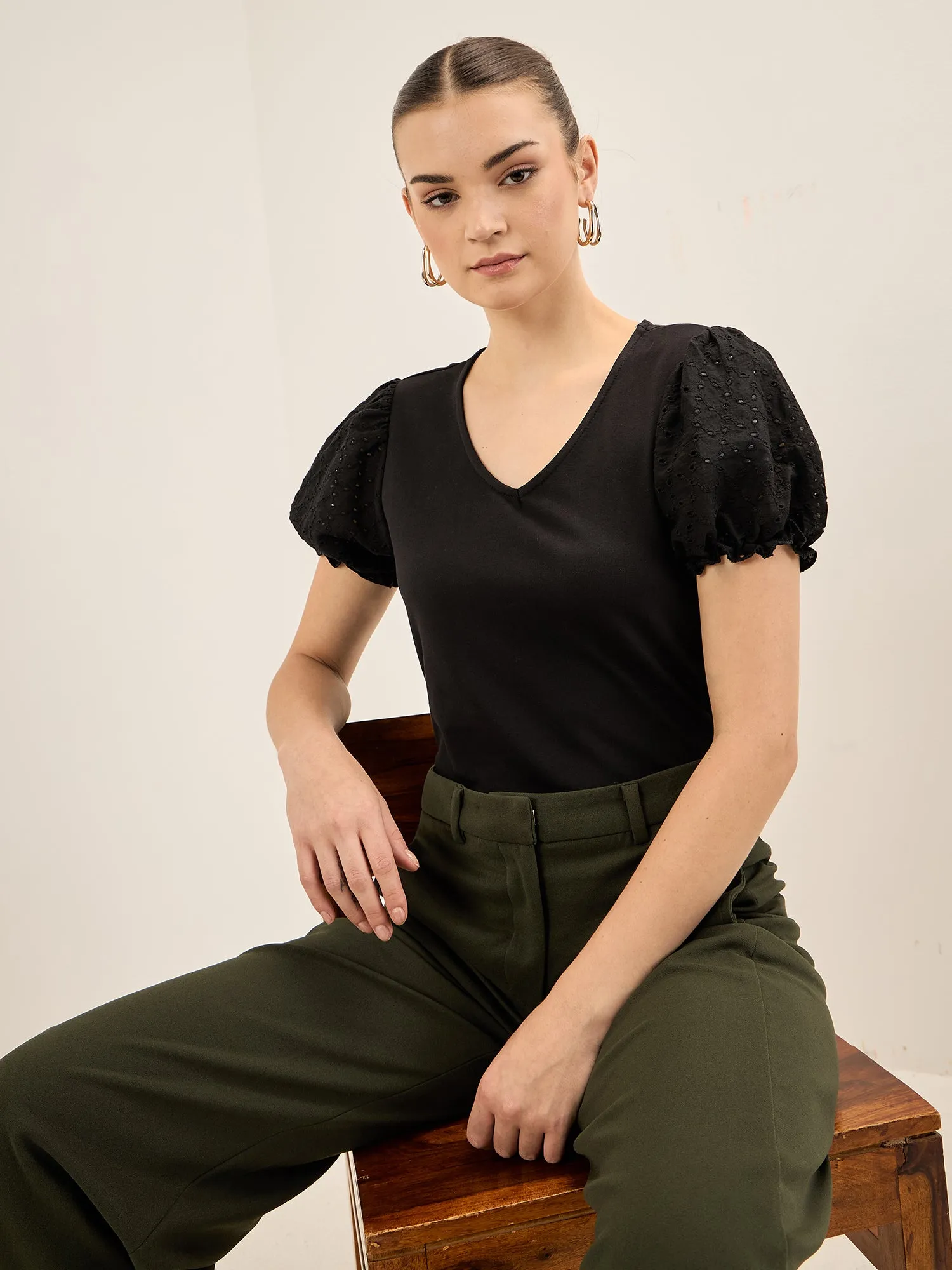 Broderie Tee Schiffli Insert T-Shirt - Black sold by Salt Attire product image thumbnail 2