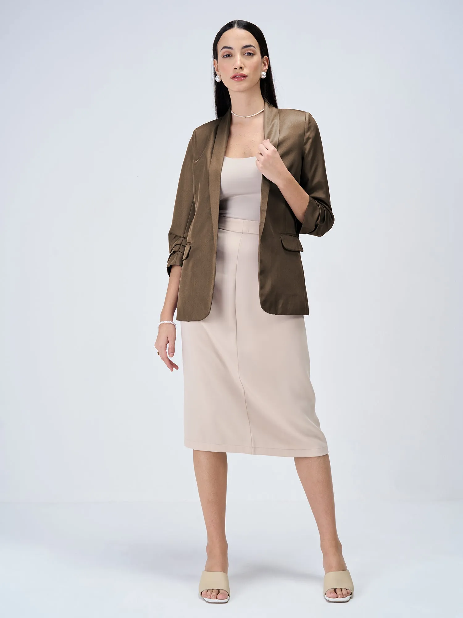 Iconic Ruched Sleeve Blazer - Umber Green sold by Salt Attire product image thumbnail 5