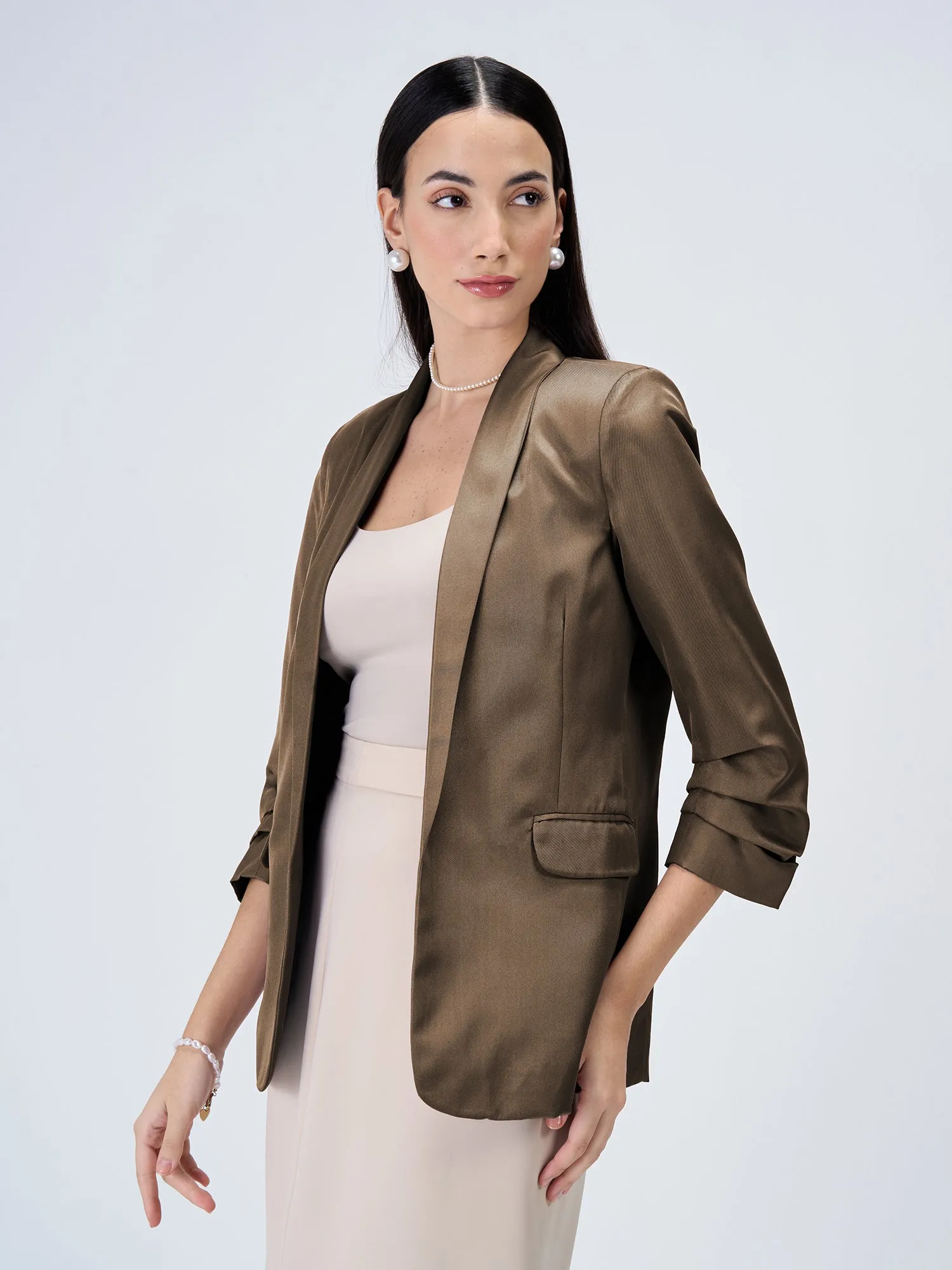Iconic Ruched Sleeve Blazer - Umber Green sold by Salt Attire product image thumbnail 2