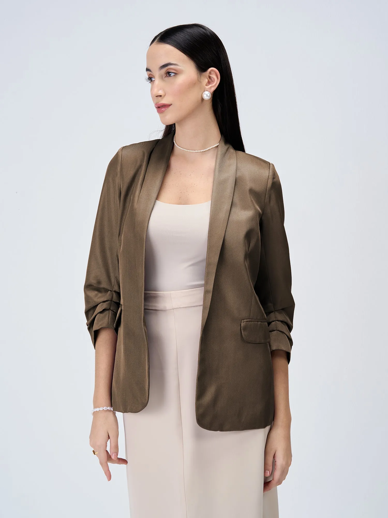 Iconic Ruched Sleeve Blazer - Umber Green sold by Salt Attire product image thumbnail 3