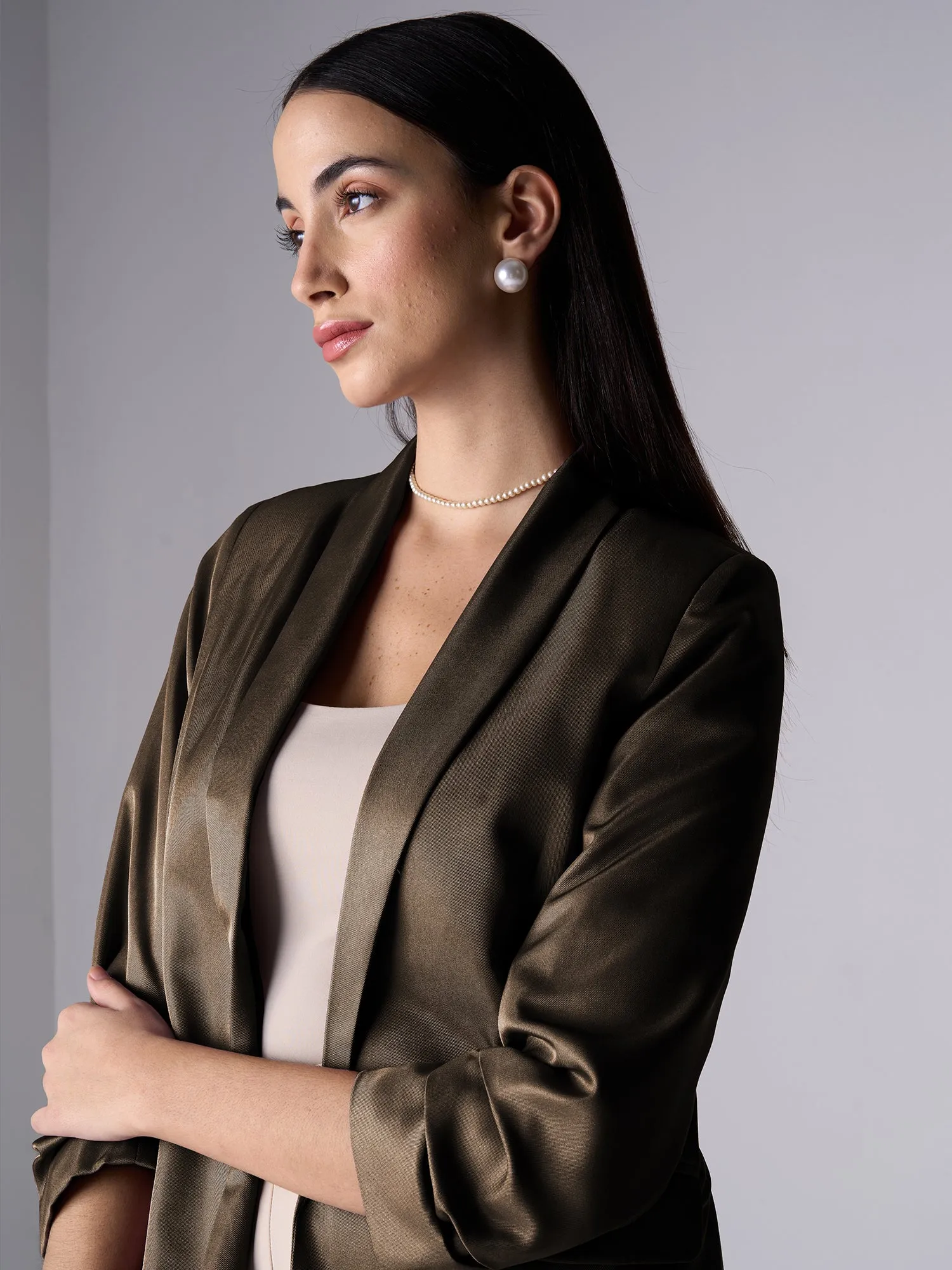 Iconic Ruched Sleeve Blazer - Umber Green sold by Salt Attire